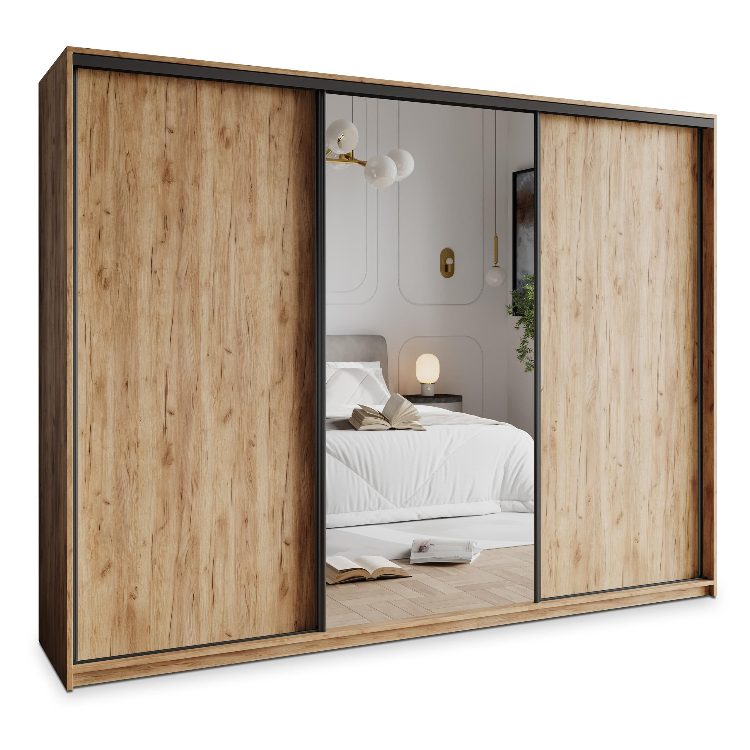 SCHWEBETÜRENSCHRANK TAVI 250/205/60 cm 3-türig mit Spiegel und Schubladen Craft Eiche Gold - Schwarz/Orange, Holzwerkstoff (250/205/60cm) - MASSENO