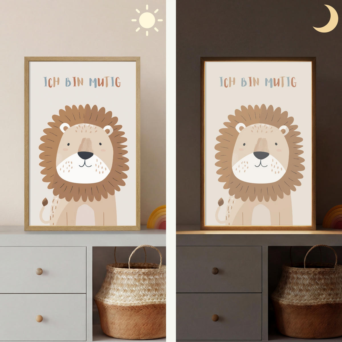 WANDLEUCHTE MIT AKKU Löwe - Beige - Tier - Mutig - Zitat 40x60 cm - Beige, Holzwerkstoff (40/60/8cm) - OnlyWow