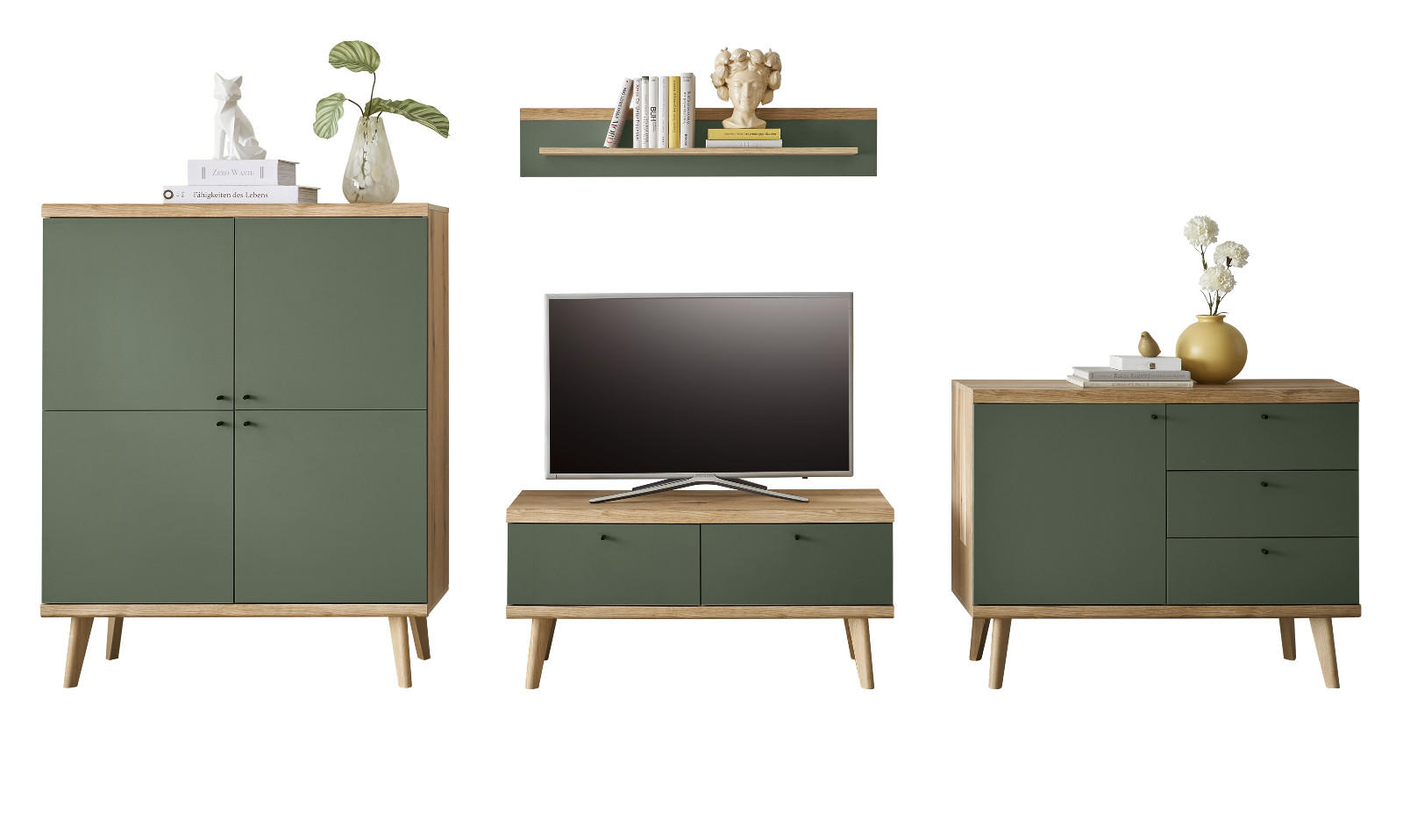 Furn.Design Wohnwand Salbeigrün, Eiche 341x160x40 cm