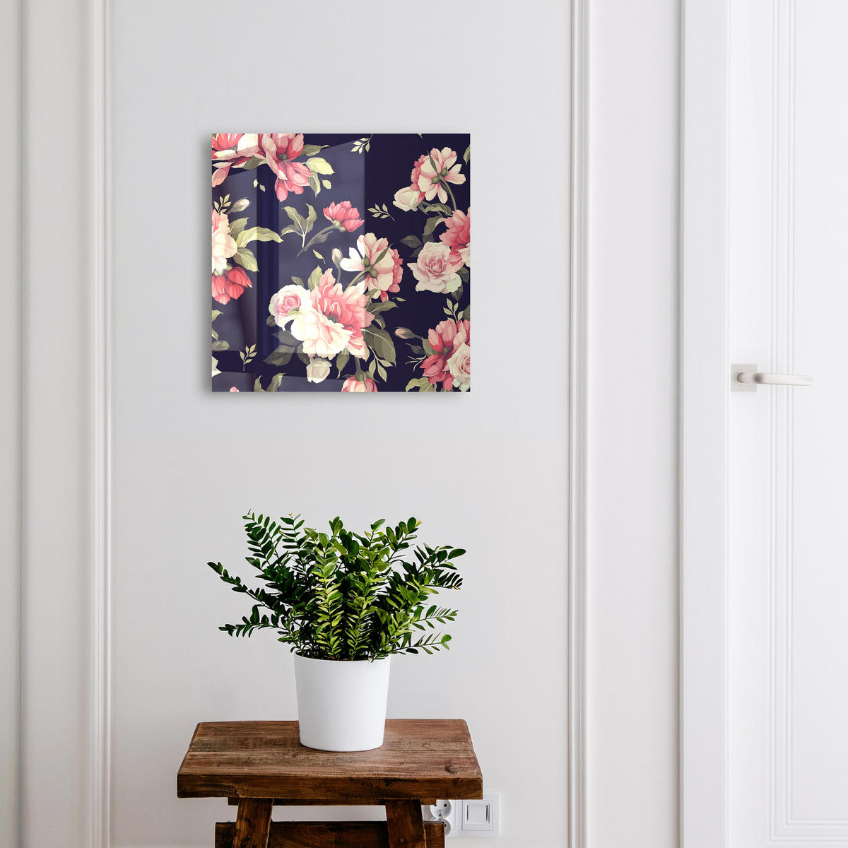 SCHLÜSSELBOX Schwarz 30x30 cm- Türöffnung nach rechts - Romantische Blumen - Dunkelblau, Metall (30/30/5cm) - TULUP