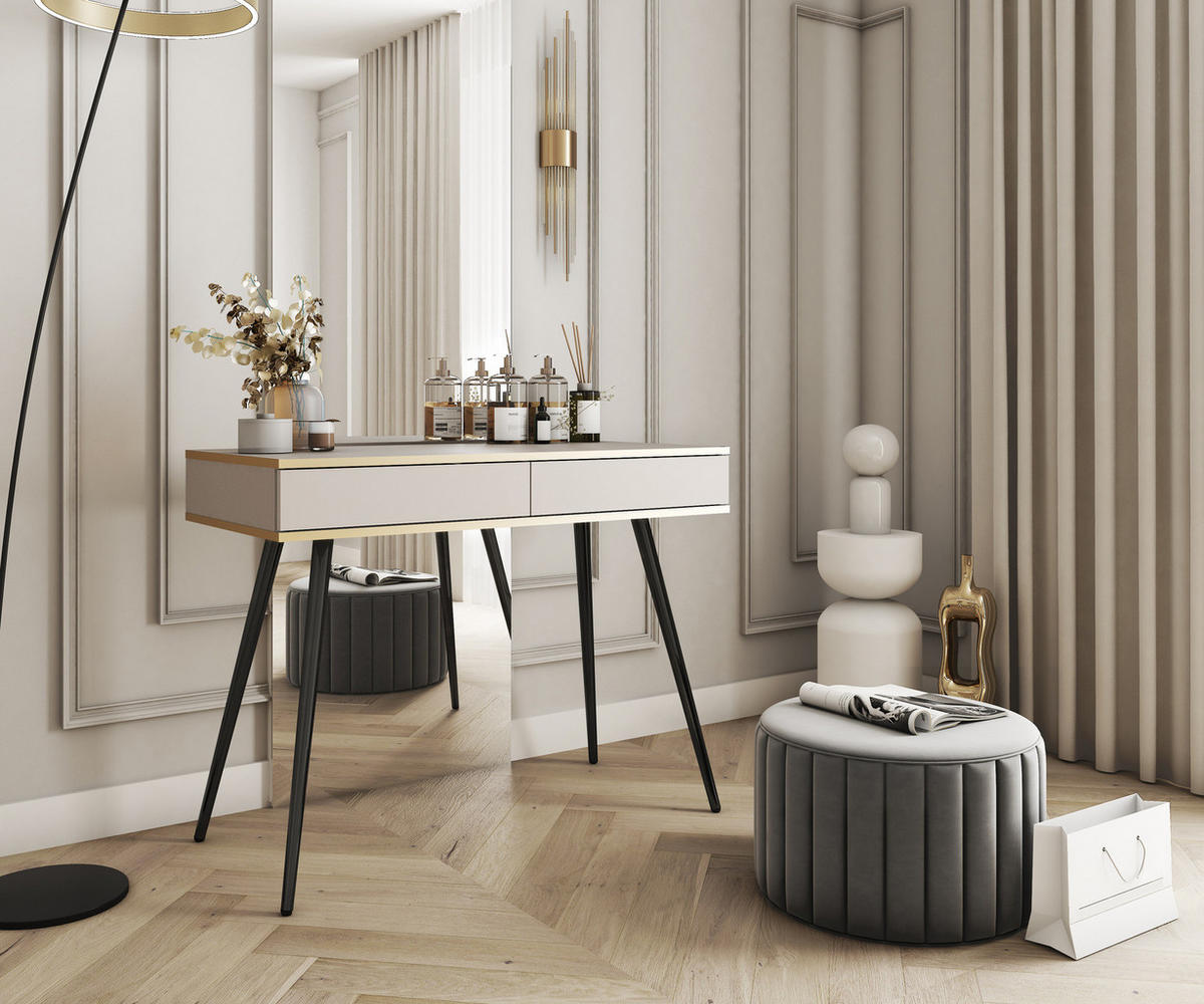 KONSOLENTISCH FORNO (Beige, Goldene Details, 2 Schubladen, schwarze Metallfüße) - Beige/Schwarz, Holz/Holzwerkstoff (50/102/80cm) - Ravio
