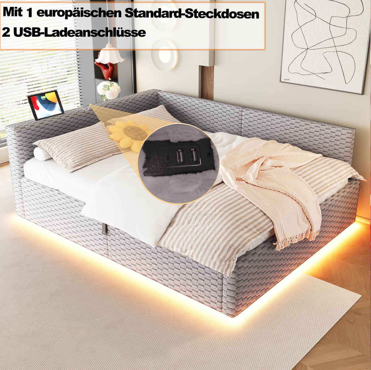 TAPECIRANI krevet 140/200 cm s LED osvjetljenjem, USB i Type-C priključkom te hidrauličnim spremištem, Siva - siva, tekstil (140/200cm) - Redom
