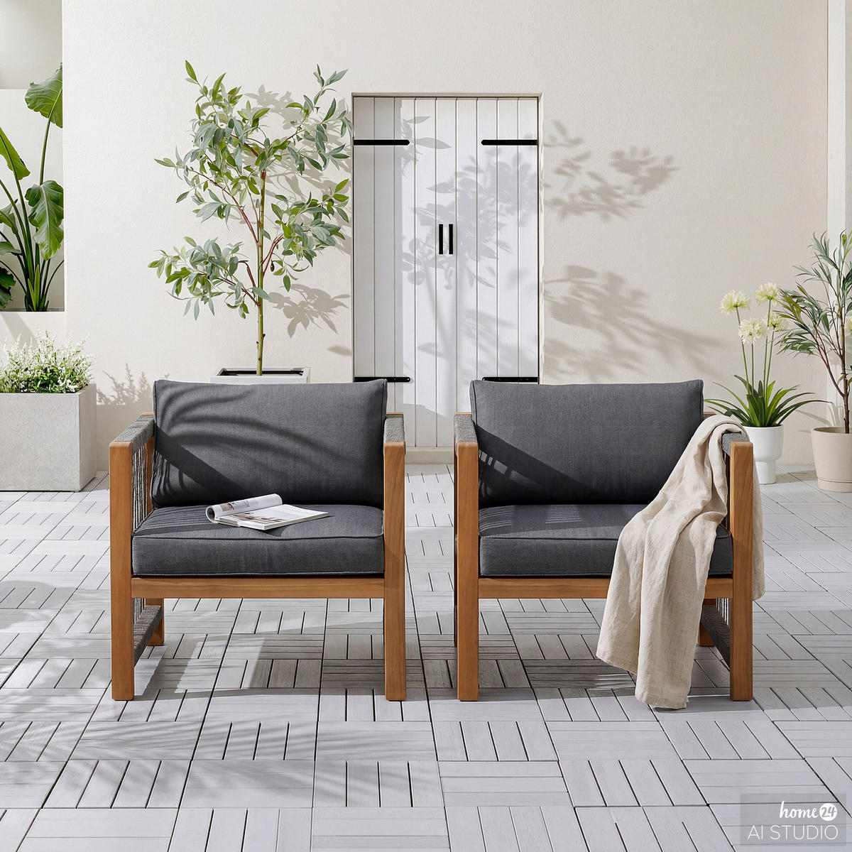 LOUNGESESSEL - 2er-Set - Akazie massiv / Polyester - Braun / Beige - Braun/Grau, Holz/Textil (64/76/66cm) - home24