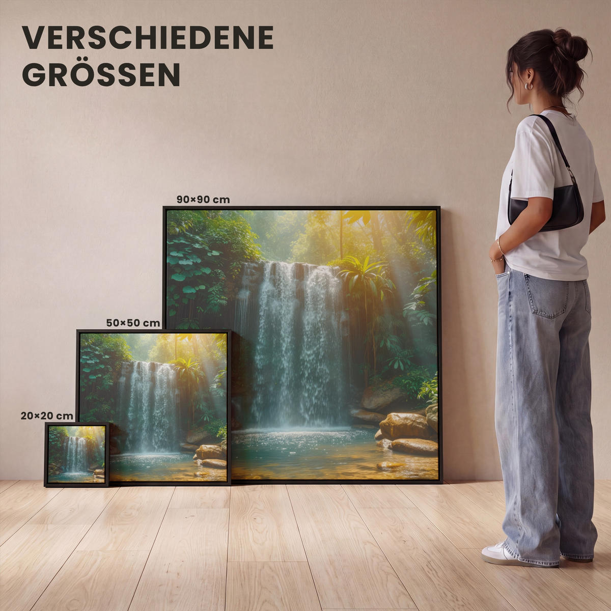 LEINWAND Bilder mit Rahmen - Wasserfall - Dschungel - Sonne - Grün - Natur - 20x20 - Grün, Textil (20/20cm) - MuchoWow