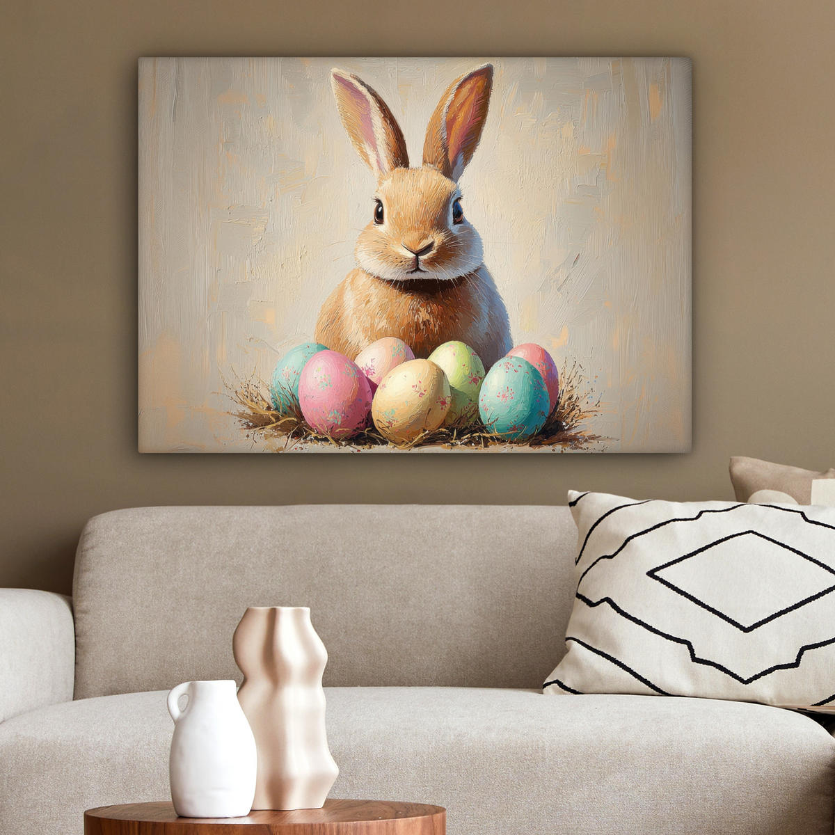 LEINWANDBILD Osterhase - Pastell - Eier Wandbilder 80x60 cm - Beige, Textil (80/60cm) - MuchoWow