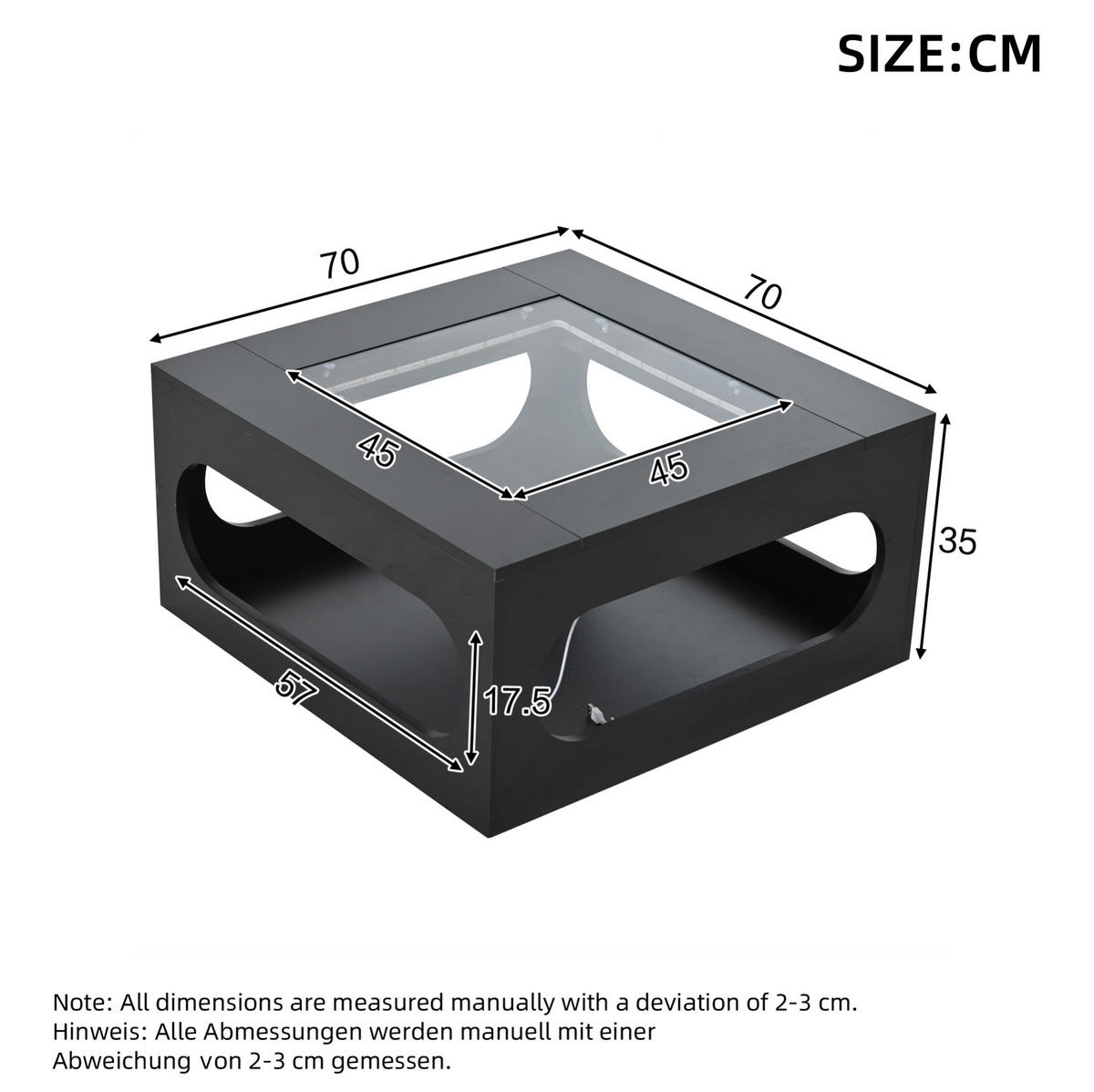 COUCHTISCH 70/70 cm mit LED-Beleuchtung und Ablagefach, Glasplatte, Schwarz - Schwarz, Holzwerkstoff (70/70/35cm) - BEAOK