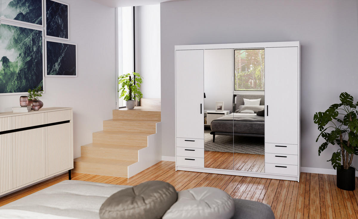 KLEIDERSCHRANK Storicos Weiß 176,3/190,5/53 cm - 4T6S Modern mit Schubladen und Spiegel - Weiß, Holzwerkstoff/Kunststoff (176.3/190.6/53cm) - AX Living