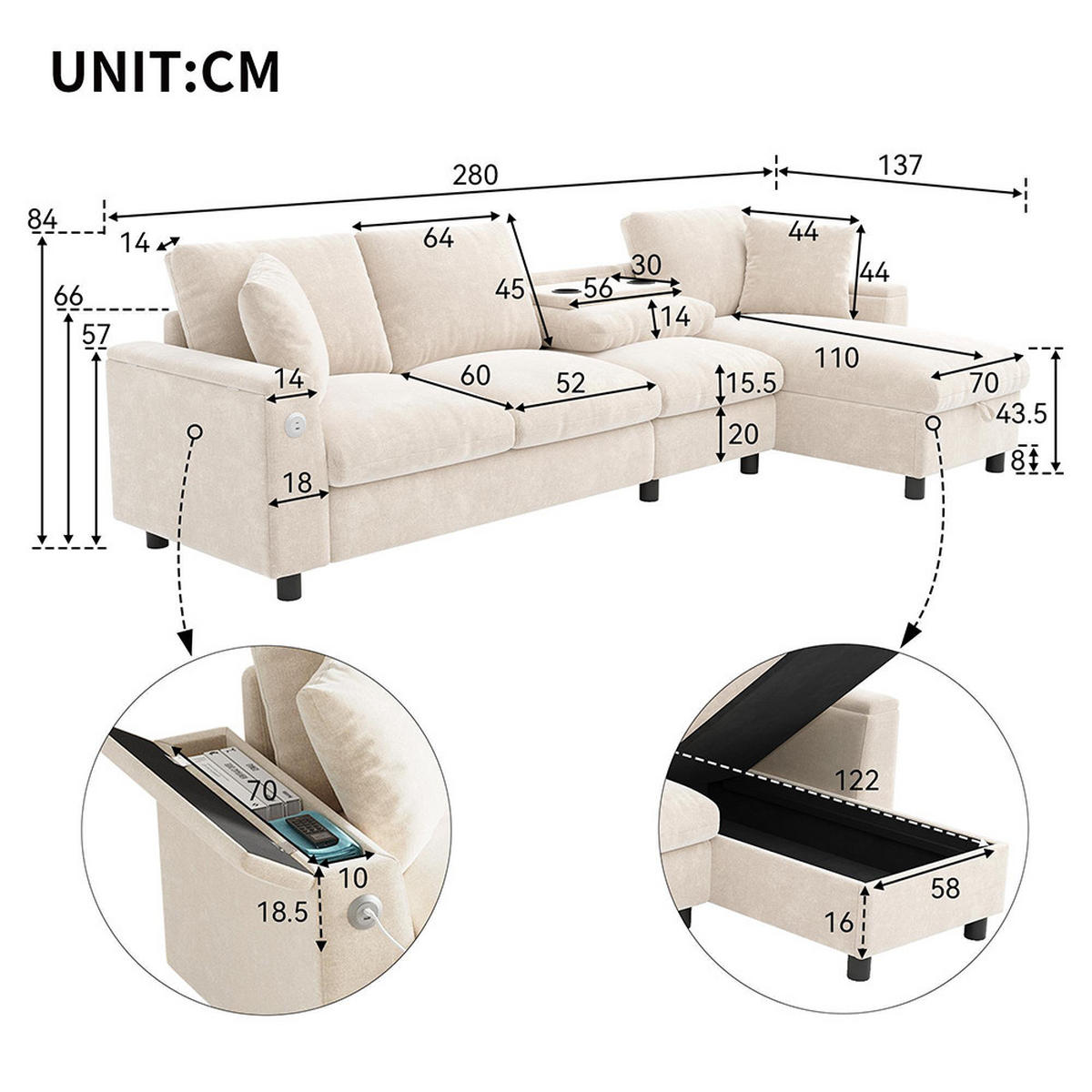 ECKSOFA L-förmige Ecke und zwei Armlehnen mit Stauraum,Chenille-Stoff,Beige - Beige, Textil (137/280cm) - KOMHTOM