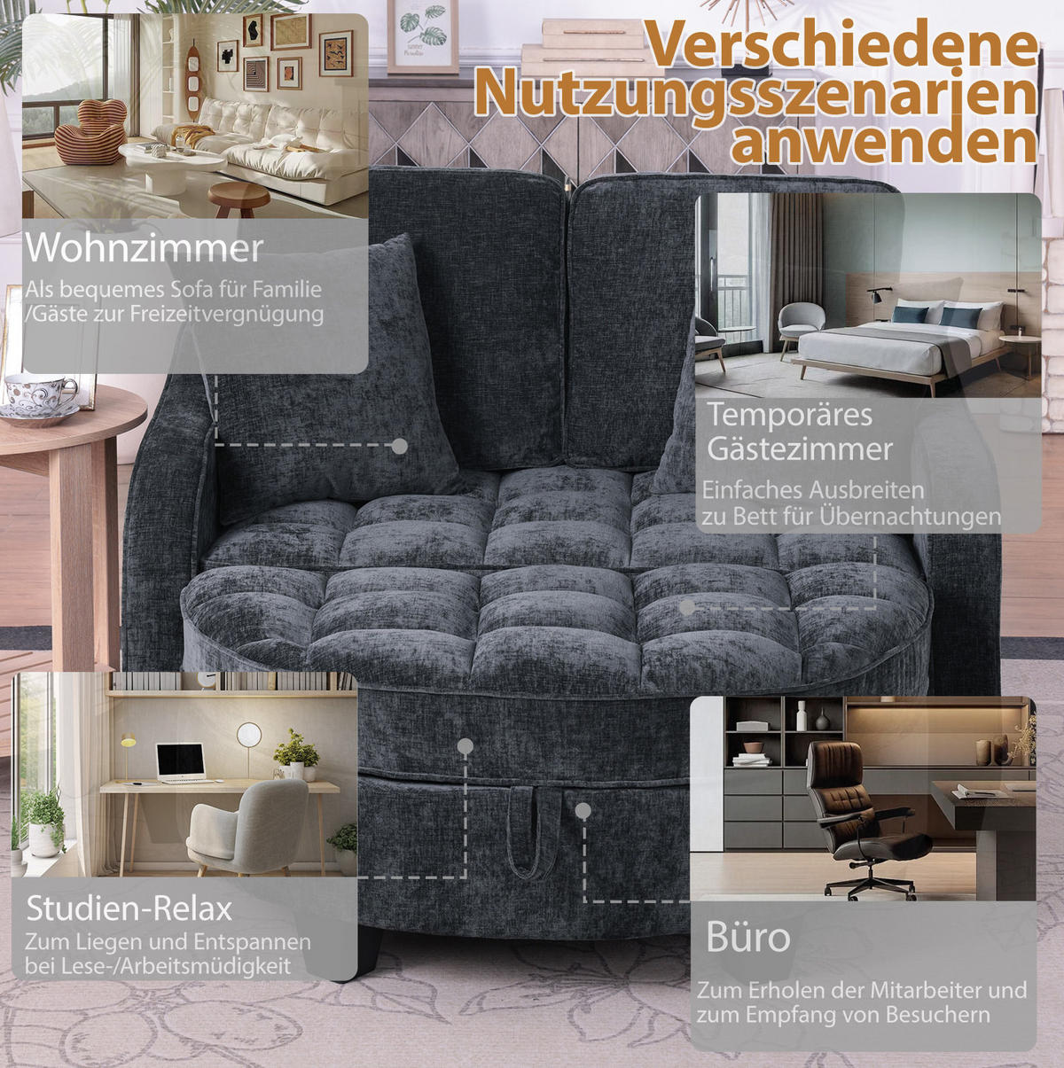 SOFA-BETT 132/129/93 cm aus Eukalyptusholz mit Aufbewahrungshocker Schwarz - Schwarz, Holz (129/93/132cm) - Modenvie