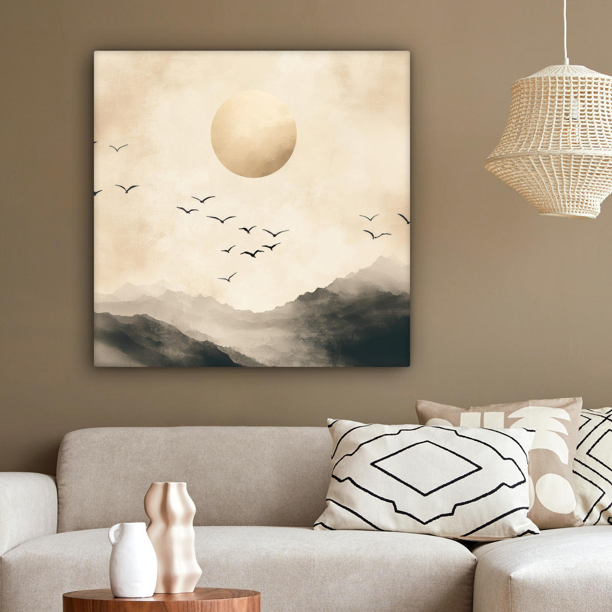 LEINWANDBILD Landschaft - Japandi - Vogel 90x90 cm - Beige, Textil (90/90cm) - MuchoWow