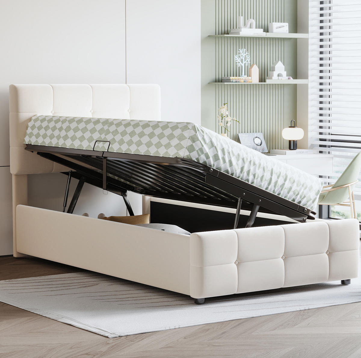 BETT mit Stauraum und verstellbarem Kopfteil 90x200 cm Samt Beige - Beige, Metall (90/200cm) - Beauniv