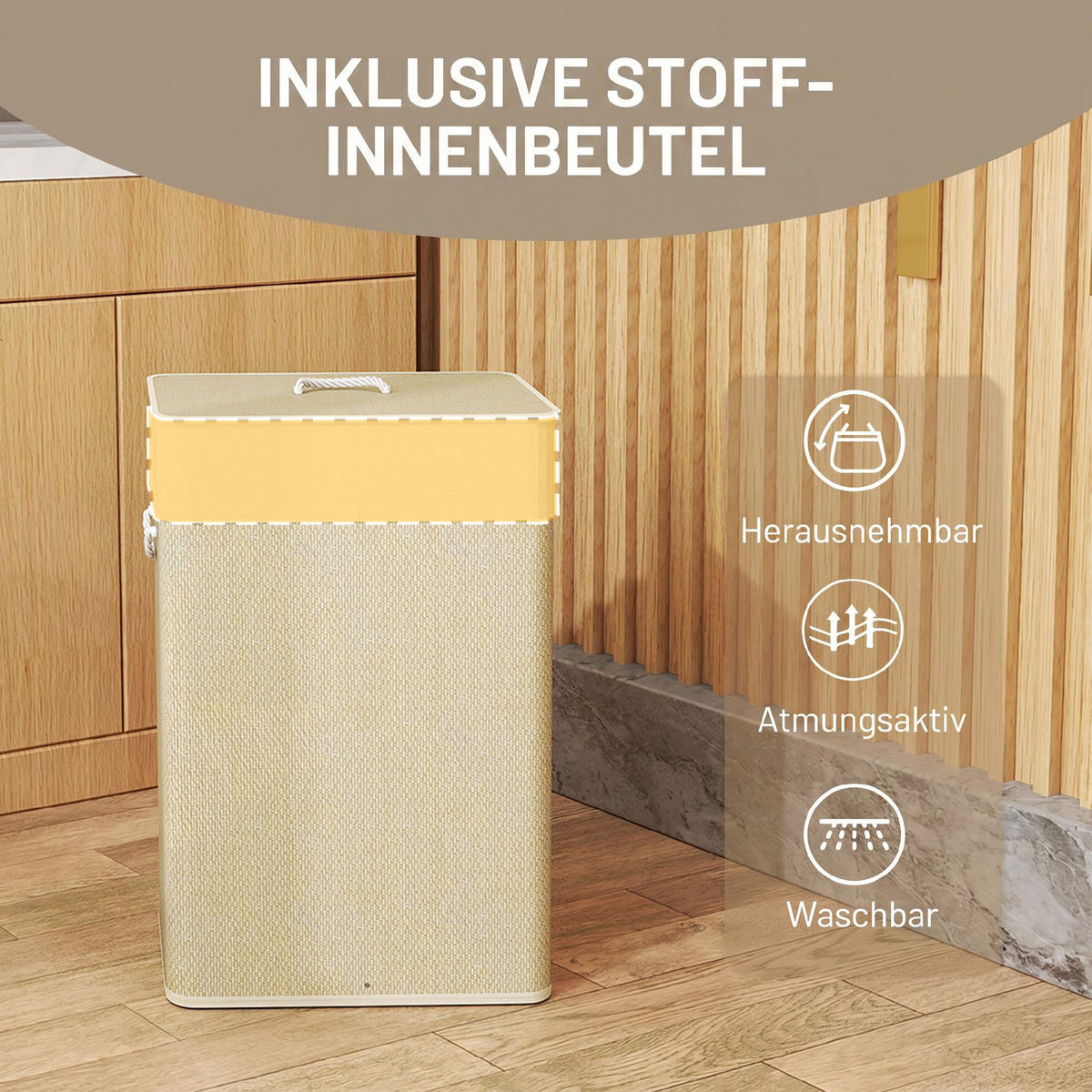 BAMBUS Wäschekorb mit Deckel 72 L Wäschesammler mit Seilgriffen Naturholz - Creme/Naturfarben, Naturmaterialien/Textil (30/60/40cm) - HOMCOM