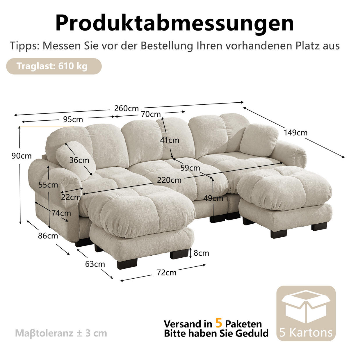 WOHNLANDSCHAFT DE-34384 U-Form mit Ottoman und Steppdesign Hellkhaki - Sandfarben, Textil (149/90/260cm) - ComfortXL