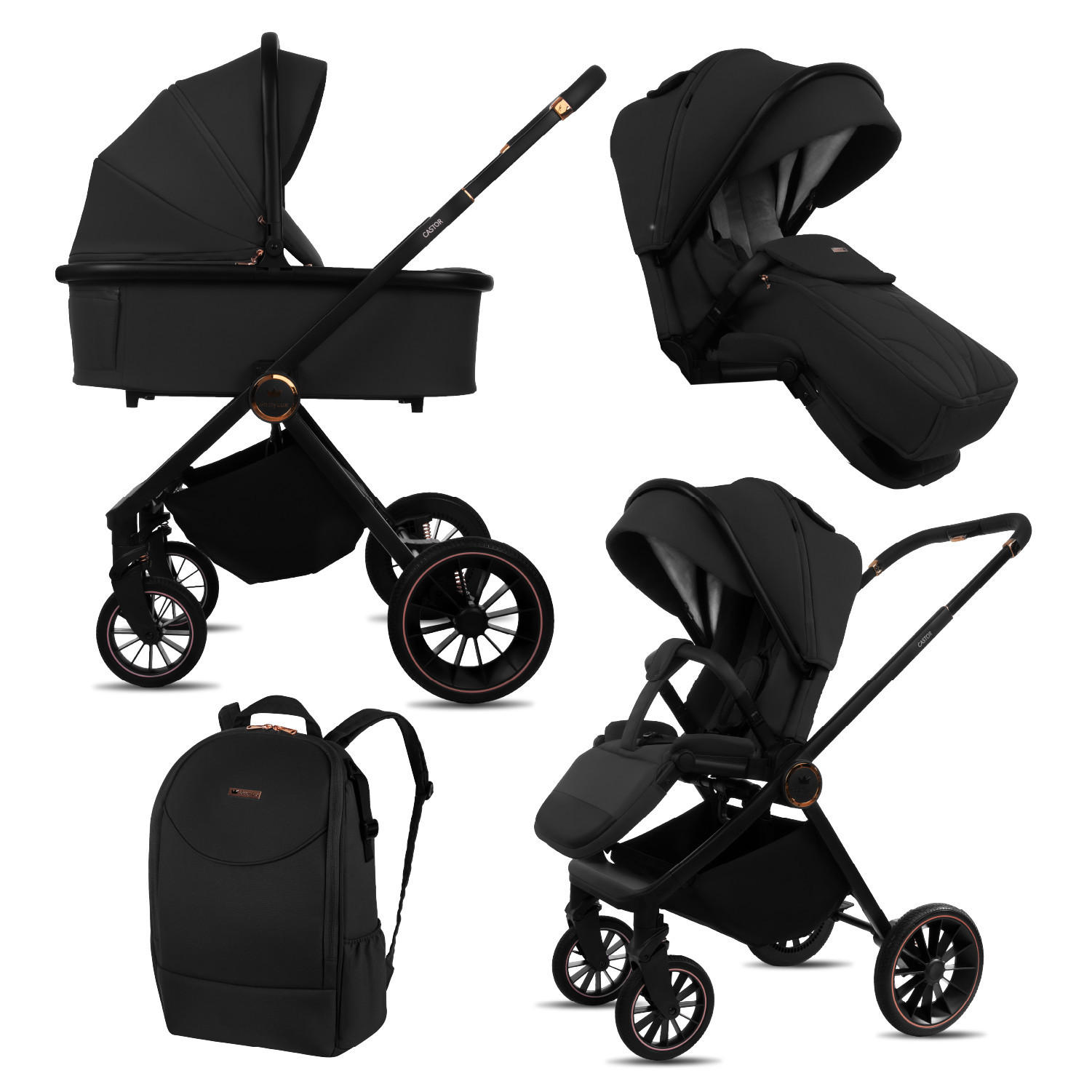 KINDERWAGEN Castor 2in1 Schwarz Babywanne, Buggy Sportsitz, Faltbar, Wickeltasche - Schwarz, Textil/Metall (58/100cm) - BabyLux