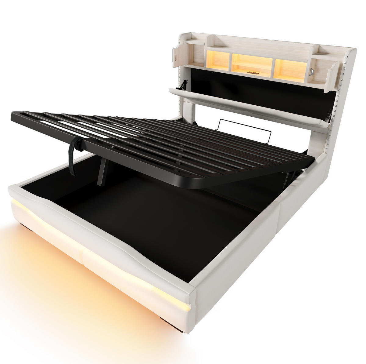 ČALOUNĚNÁ postel 160/200 cm s LED osvětlením, USB/USB-C a hydraulickým úložným prostorem, Béžová - béžová, textil (160/200cm) - Redom