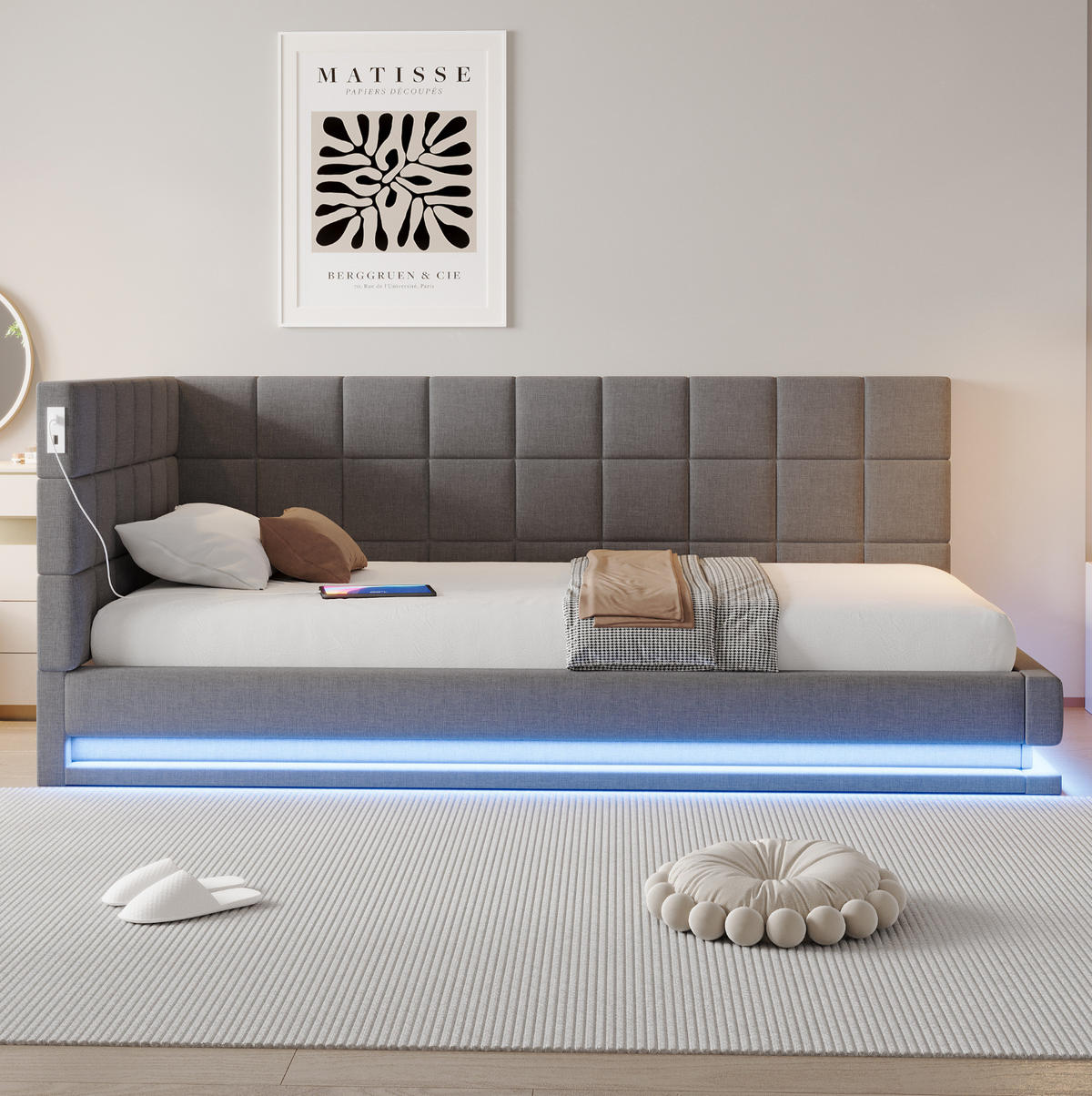 POLSTERBETT 90/200 cm Grau mit LED-Beleuchtung und USB- und Type-C-Anschlüssen - Grau, Textil (90/200cm) - Flora Grace