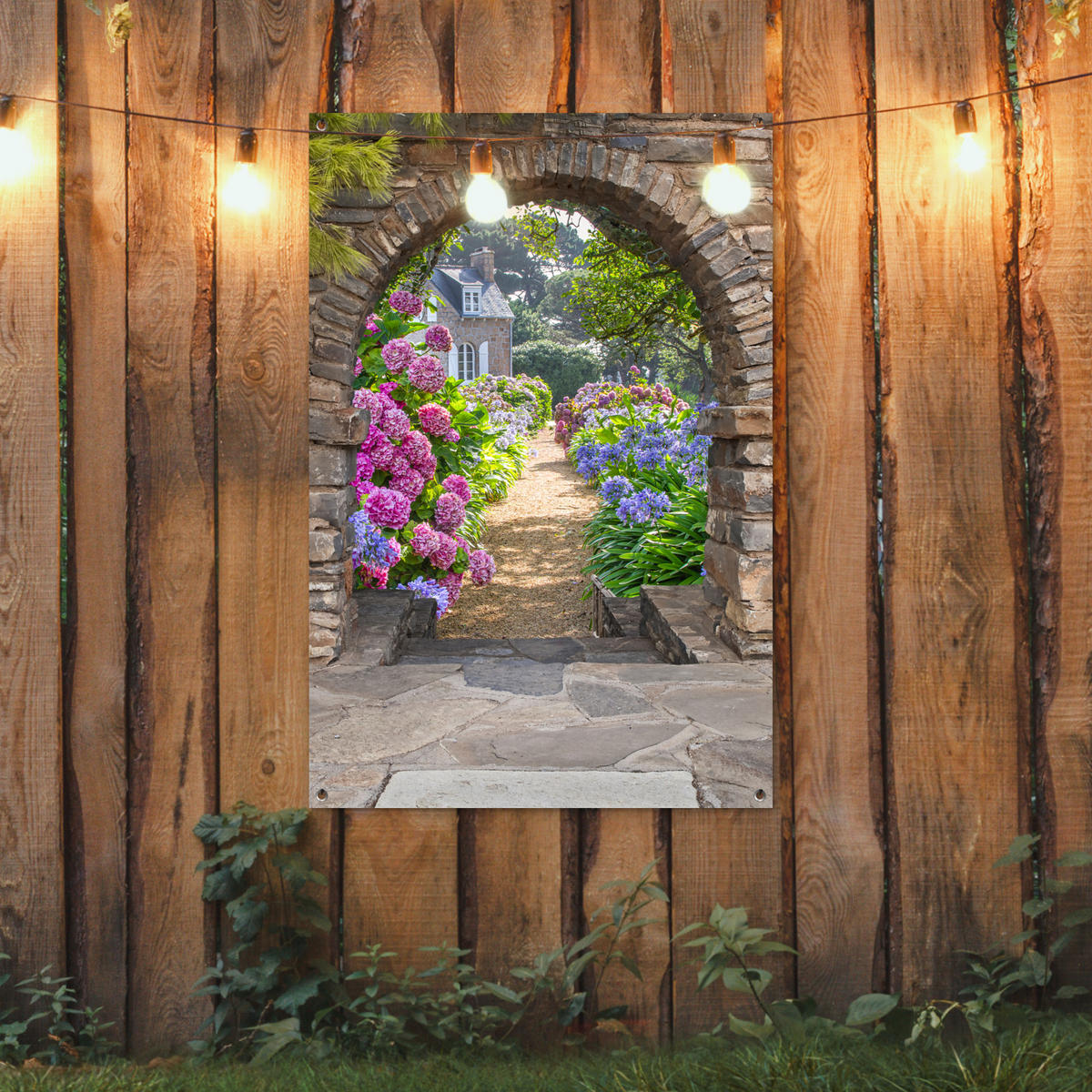 ZAHRADNÍ PLAKÁT Květiny - pohled - hortenzie - léto 80x120 cm - hnědá, plast (80/120/0.2cm) - OnlyWow