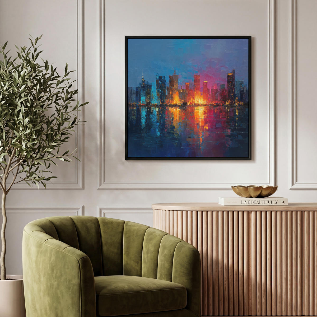 LEINWAND Bilder mit Rahmen - Skyline - Pinselstriche - Dunkelblau - Leuchtend - 50x50 - Blau, Textil (50/50cm) - MuchoWow