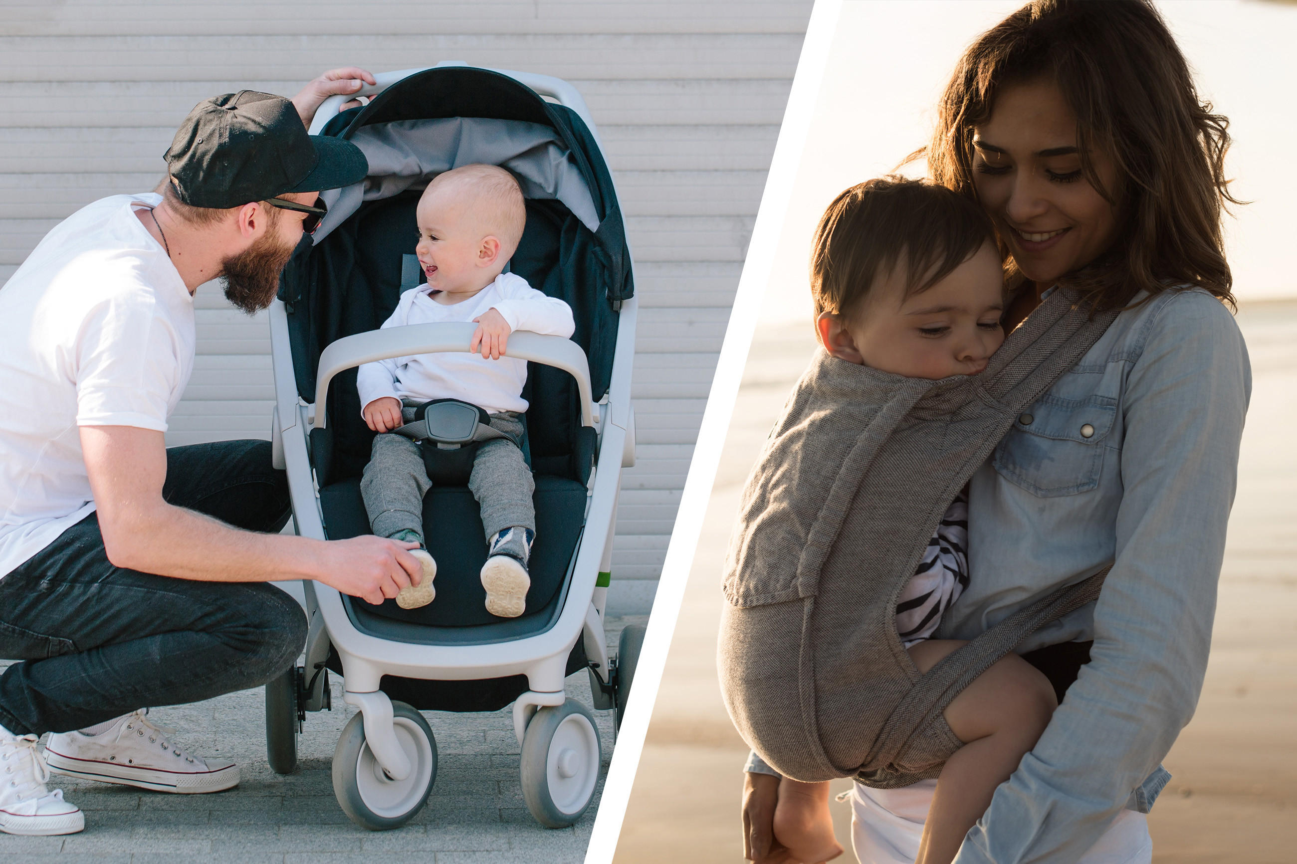 Links ein Erwachsener neben einem Baby im modernen Kinderwagen, rechts ein Erwachsener trägt ein Baby in einer Trage nahe einem sandigen Außenbereich