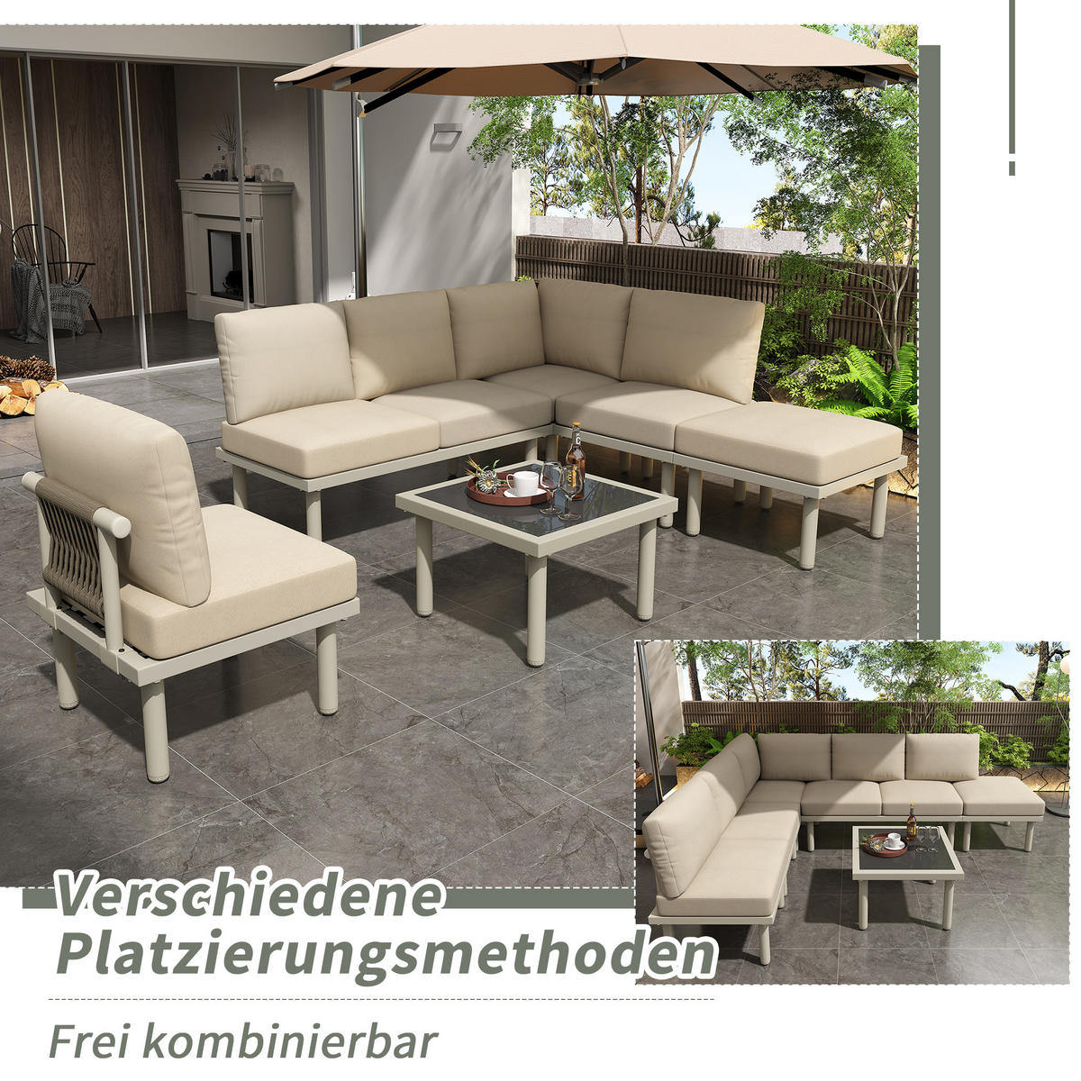 GARTENLOUNGE-SET 6er-Set Gartenmöbel Set Outdoor Sitzgruppe mit Sofa und Glas Tisch - Beige/Schwarz, Textil/Metall - STILVORA
