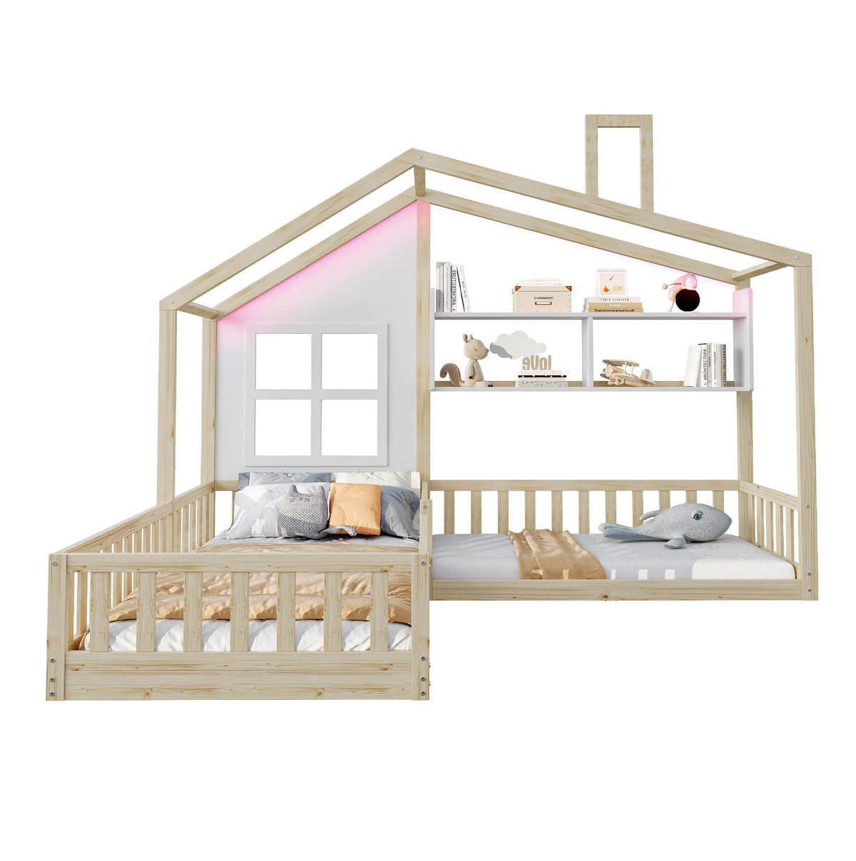 KINDERBETT 90/200 cm aus Holz mit LED-Beleuchtung und Regalen - Naturfarben, Holz (90/200cm) - Flora Grace