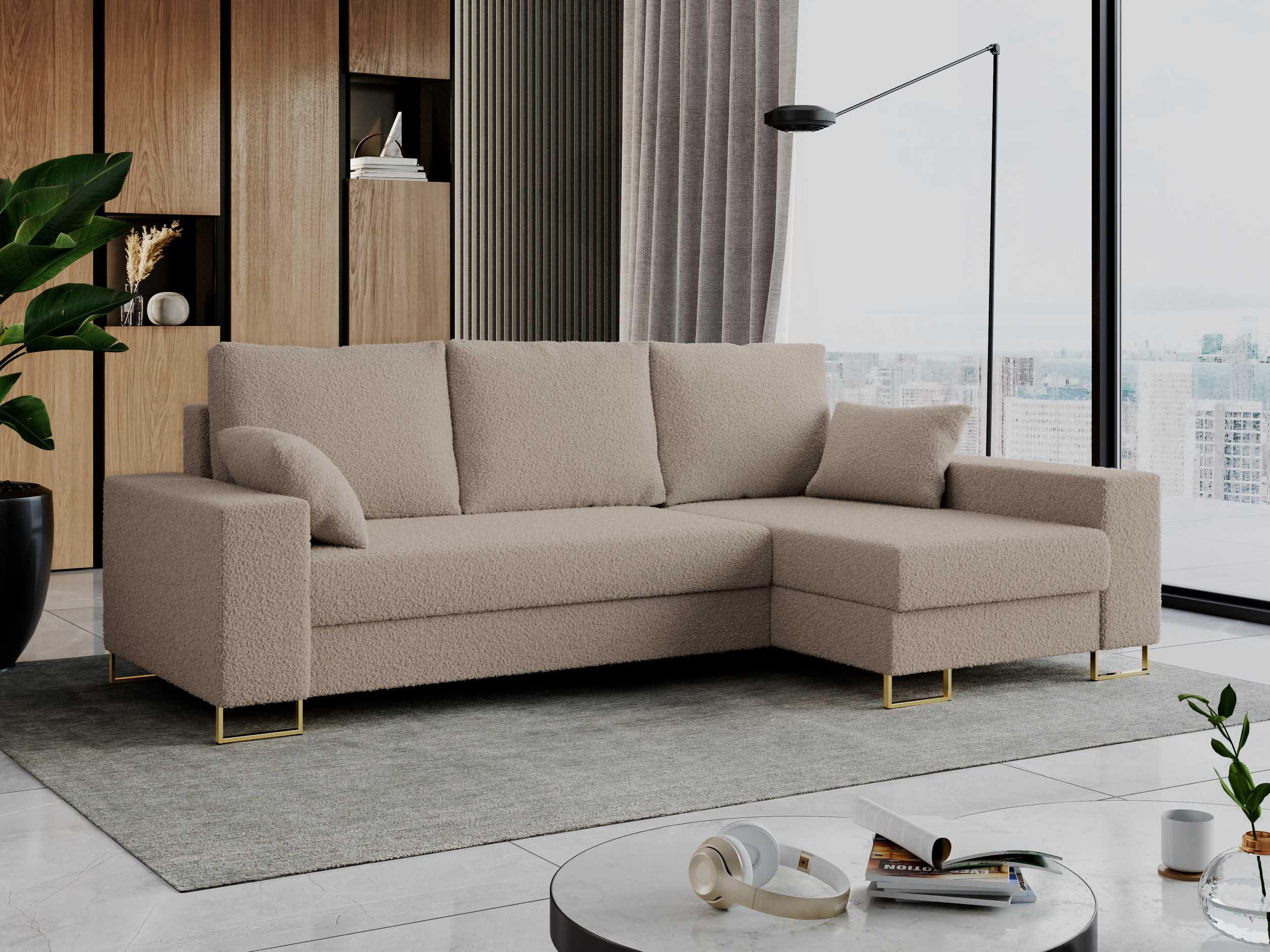 ECKSOFA Dorian Boucle Hellbraun - Hellbraun/Goldfarben, Textil/Metall (242/138cm) - MKS