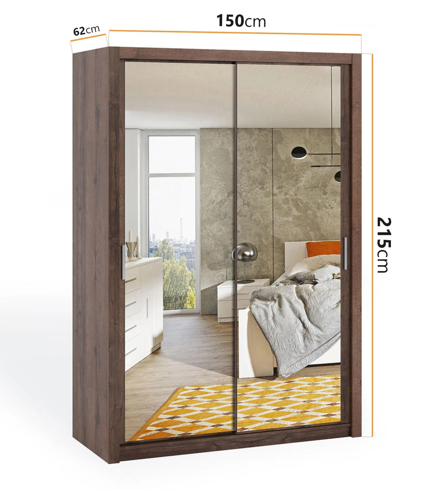 SCHIEBETÜRENSCHRANK Tamiza 150/215/62 mit Spiegel - Silberfarben/Braun, Holzwerkstoff/Kunststoff (150/215/62cm) - Ravio