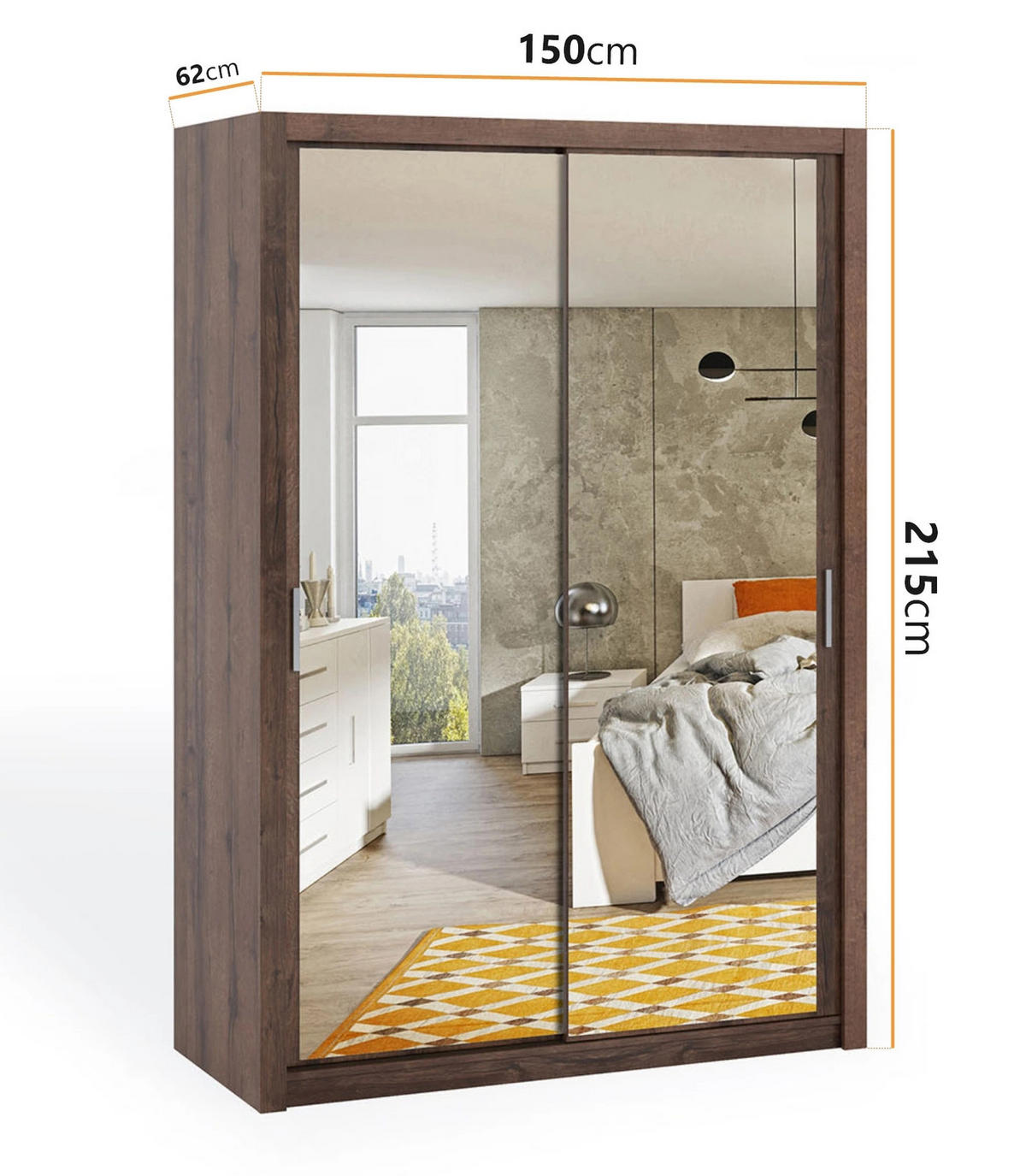 SCHIEBETÜRENSCHRANK Tamiza 150/215/62 mit Spiegel - Silberfarben/Braun, Holzwerkstoff/Kunststoff (150/215/62cm) - Ravio