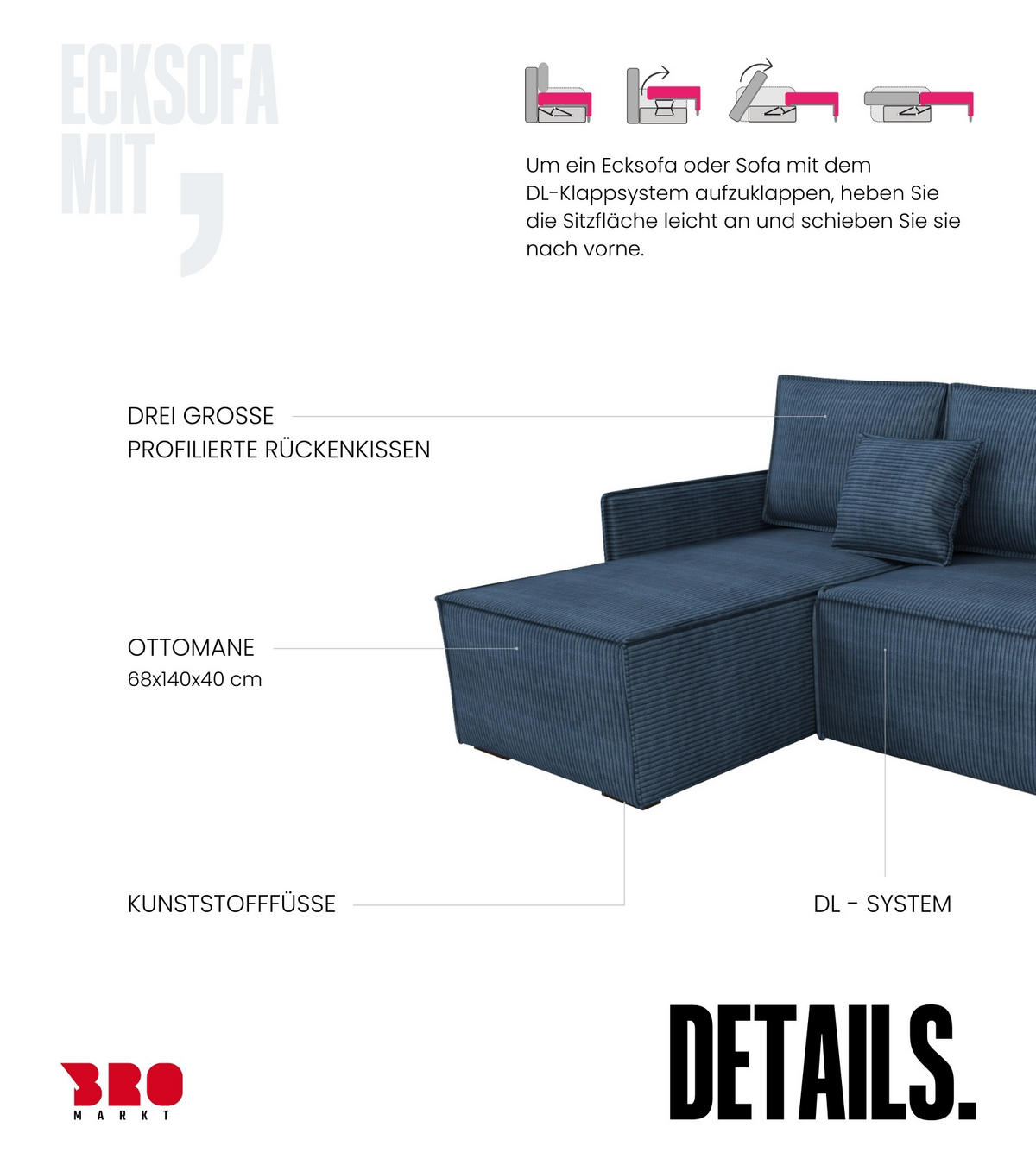 ECKSOFA Atlantic mit Schlaffunktion Blau Cord - Blau, Textil (238/141cm) - Bromarkt