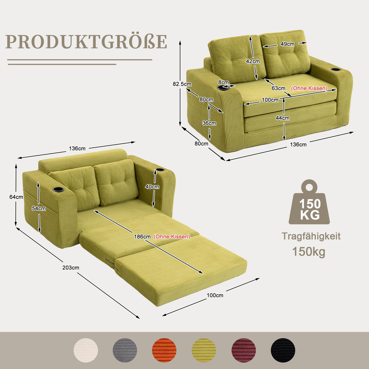 SCHLAFSOFA in Olive Cord mit Getränkehalter und Seitentaschen - Olivgrün, Textil (136/82.5/80cm) - Oxeza