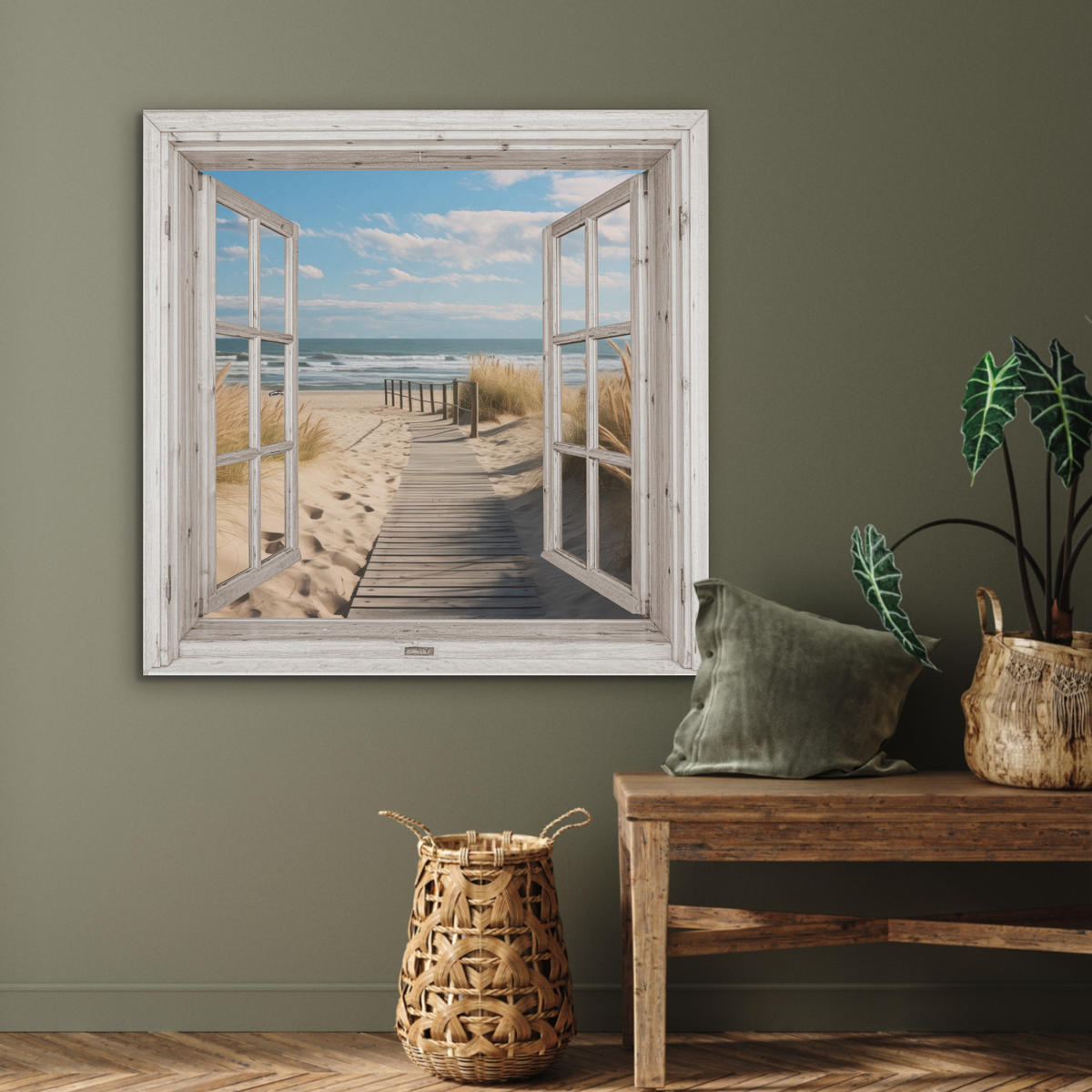 AKUSTIKPANEEL Fenster - Meer - Küste - Natur - Ausblick - Strand - Wattenmeer 90x90 cm - Beige, Textil (90/0.9/90cm) - MuchoWow