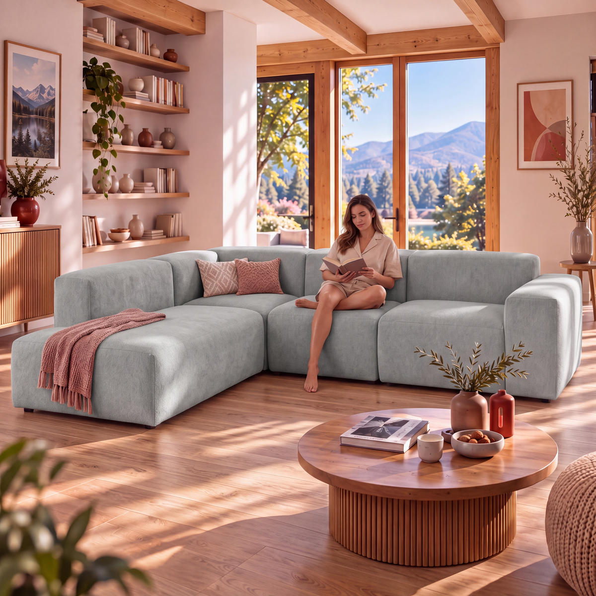 4-SITZER modulares Ecksofa HEAVEN SET 2 Links, Breite 300 cm Webstoff Grau - Schwarz/Grau, Holz/Kunststoff (300/245cm) - Muffo