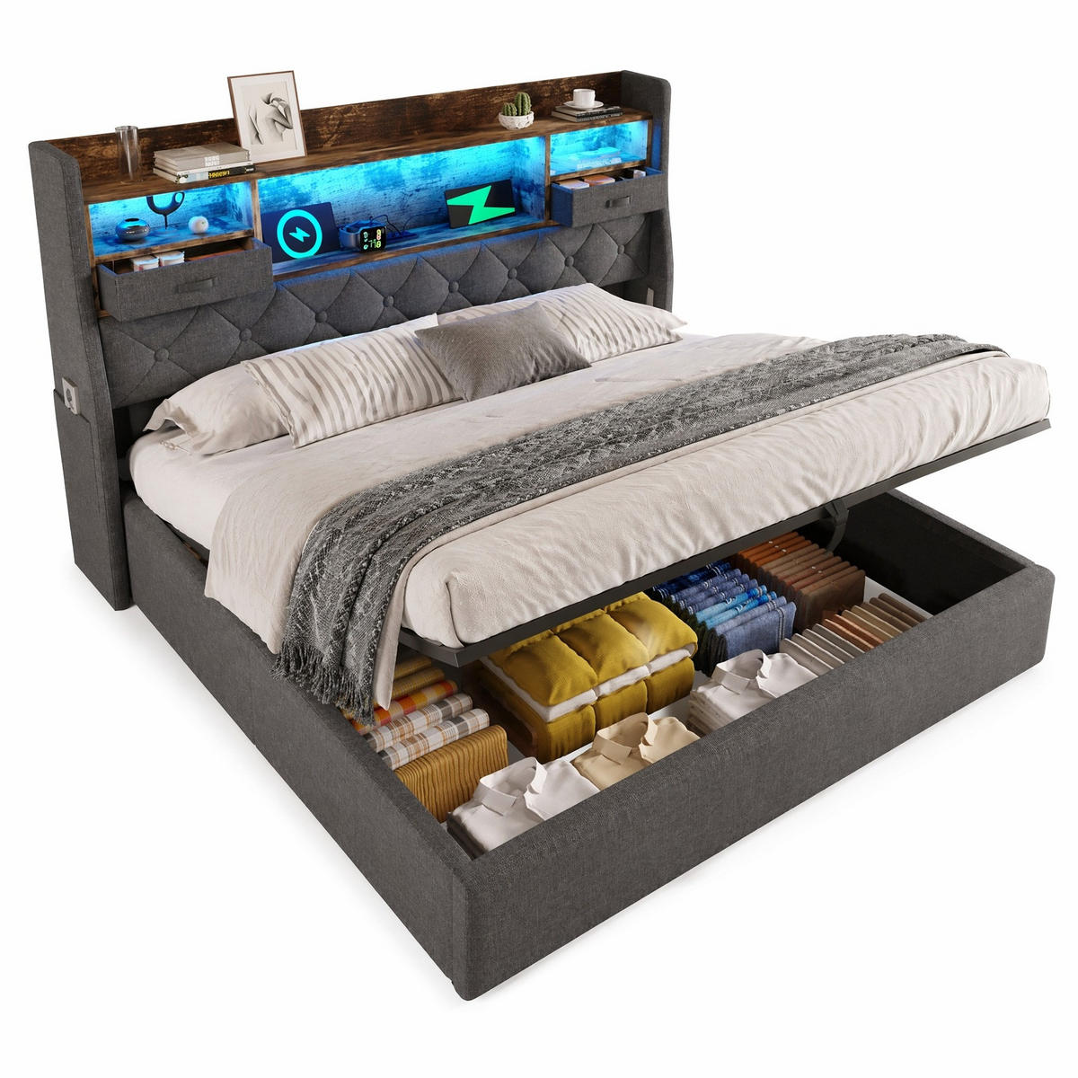 POLSTERBETT 180/200 cm in Grau mit Bettkasten, LED, USB und Type-C Leinen - Grau, Holzwerkstoff/Textil (180/200cm) - CHICFURN