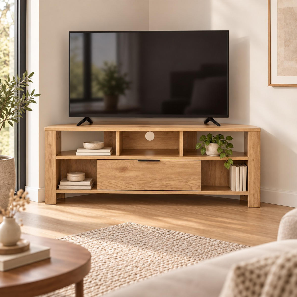 ECK-TV-MÖBEL 1 Schublade Eiche Dekor - L120 cm - Eichefarben, Holzwerkstoff (40/45/120cm) - Calicosy