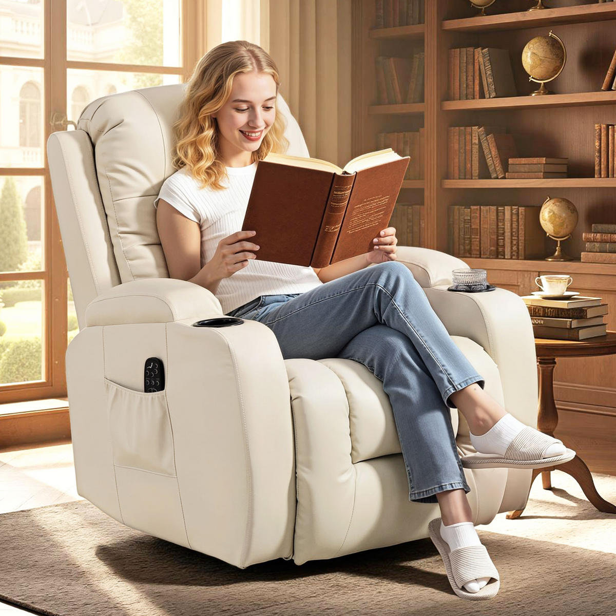 MASSAGESESSEL DE-15444 8 Massagepunkte mit Heizung und 360° Drehung Creme - Creme, Leder (82/103/99cm) - ComfortXL