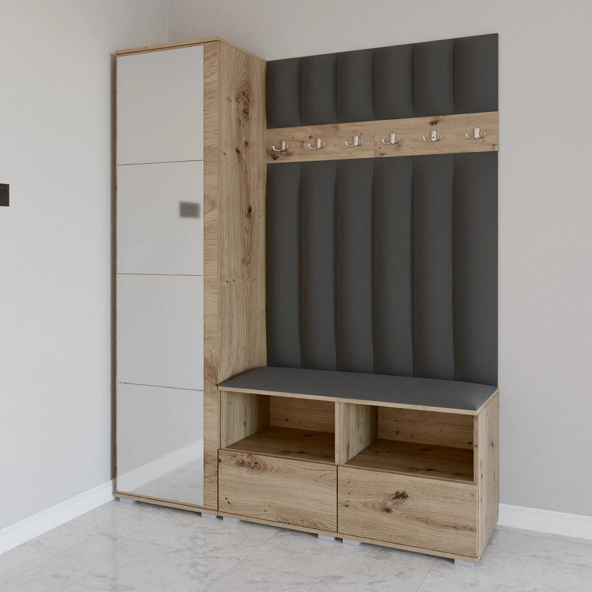 GEPOLSTERT Garderoben-Set Nela II LUX (Spiegel – Farbe Eiche Artisan + Stoff Trinity 15) - Dunkelgrau/Silberfarben, Holz/Holzwerkstoff (150/187/40cm) - Ravio