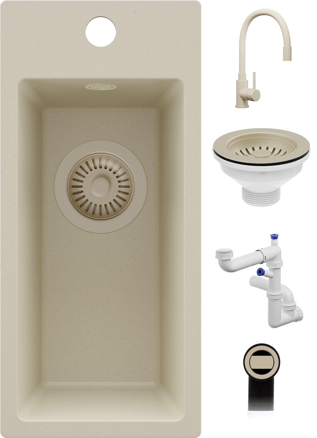 GRANITSPÜLE - Riga, 3-er set Alles Beige 23/50 cm, 1 Becken + Küchenarmatur 38/14 cm + Ablauf-Set ab 25er Unterschrank - Beige, Kunststoff (23/200/500cm) - Primagran