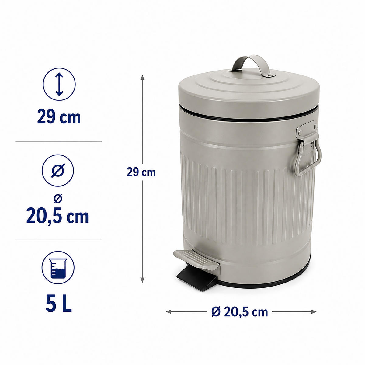 KOŠ Siv 5 l pedalni z mehkim zapiranjem - siva, kovina/umetna masa (20.5/29/20.5cm) - Relaxdays