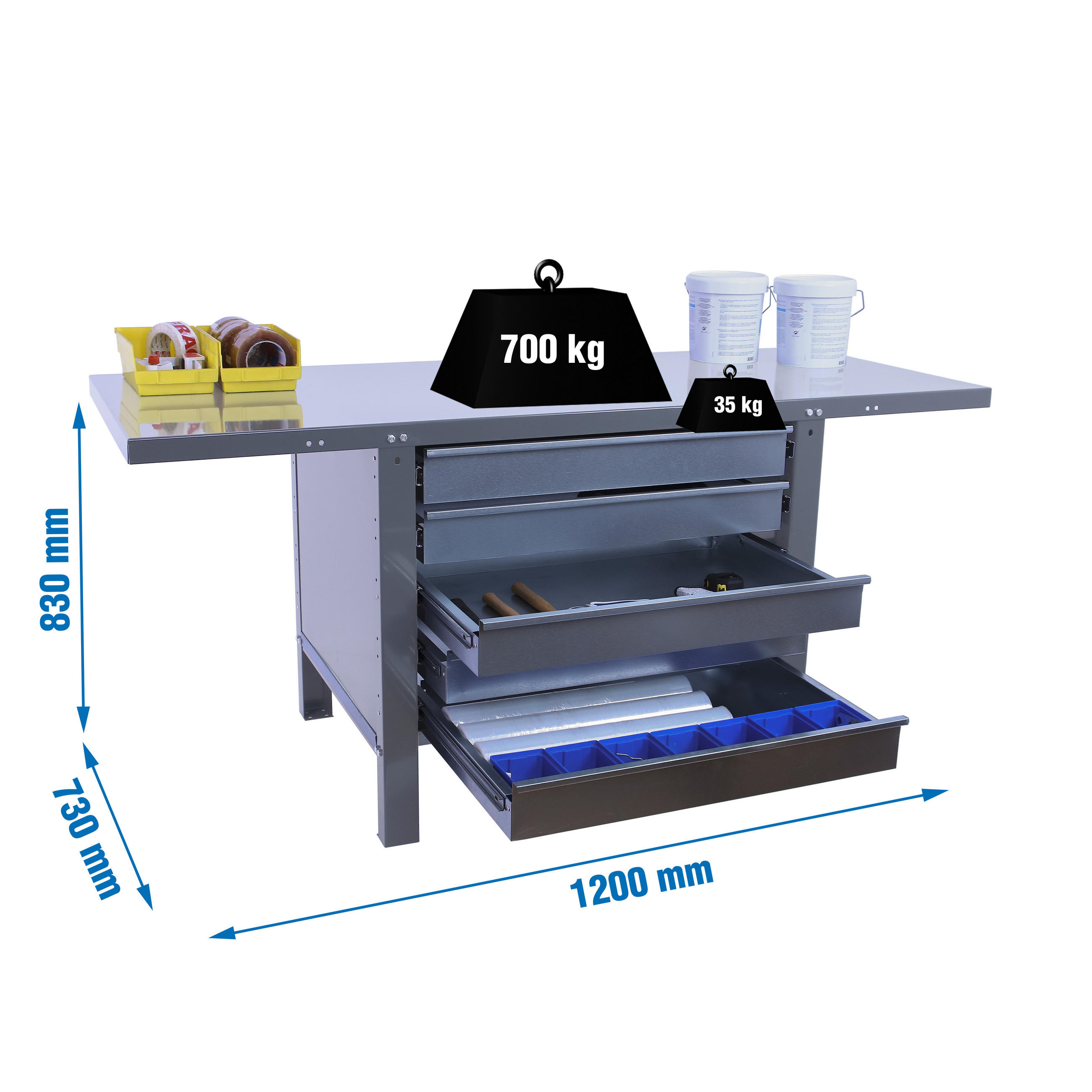 WERKBANK Buffalo Metal mit 5x Schublade HxBxT 83 x 120 x 73 cm Traglast 700 kg Grau - Grau, Metall (120/83/73cm) - PROREGAL