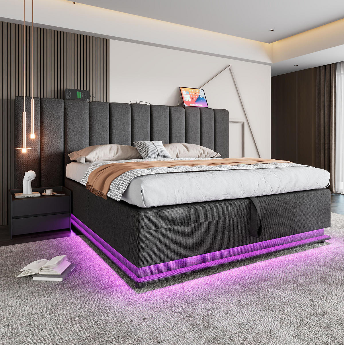 TAPECIRANI krevet 160/200 cm s LED osvjetljenjem, USB i USB-C priključcima te hidrauličnim spremištem, Siva - siva, tekstil (160/200cm) - Redom