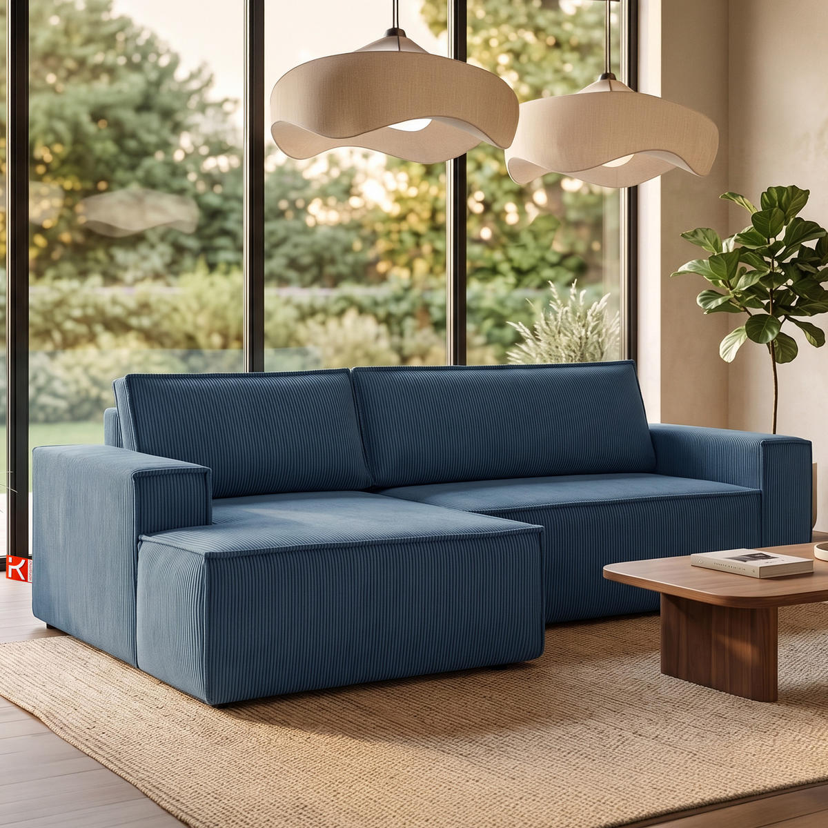 ECKSCHLAFSOFA-LINKS NAPI in Pet Friendly Cord-Stoff, marineblau - Blau/Schwarz, Textil (262/148cm) - KONSIMO®