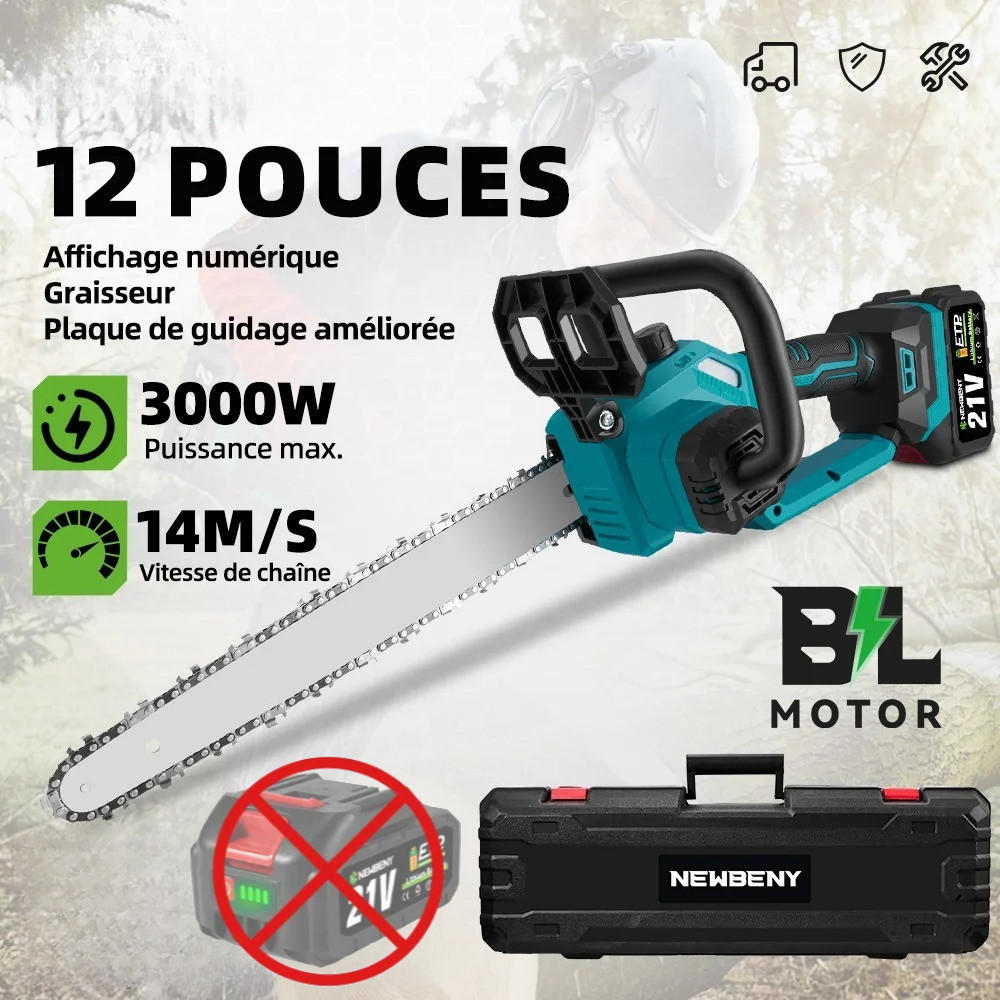 KETTENSÄGE 12 Zoll Bürstenlos, Elektrisch, Mit LED, Ohne Batterie - Blau, Metall (16.5/7/63cm) - Kaket