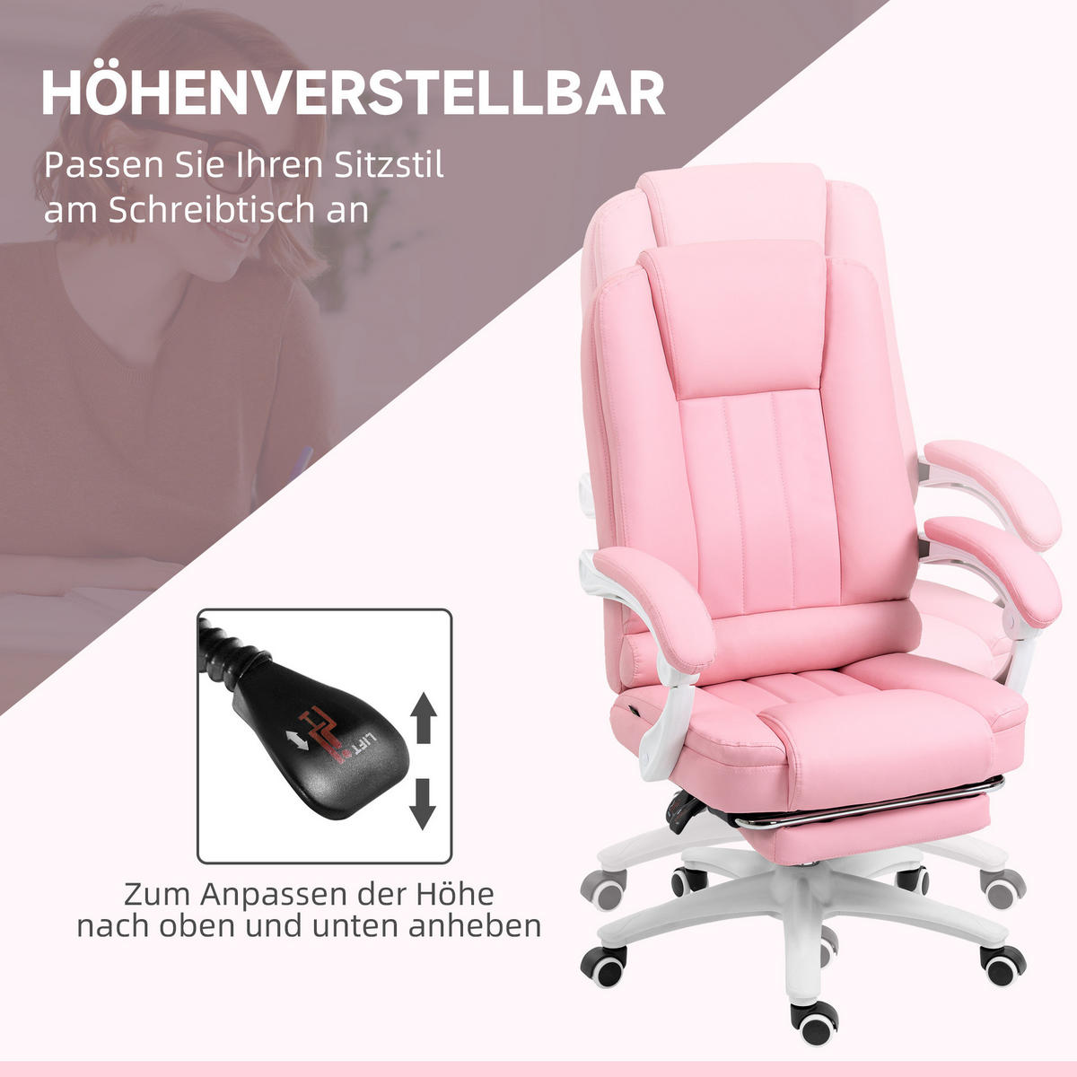 BÜROSTUHL höhenverstellbar mit Fußstütze 65 x 68 x 107-116 cm Rosa - Rosa, Kunststoff (68/116/65cm) - Meubliv