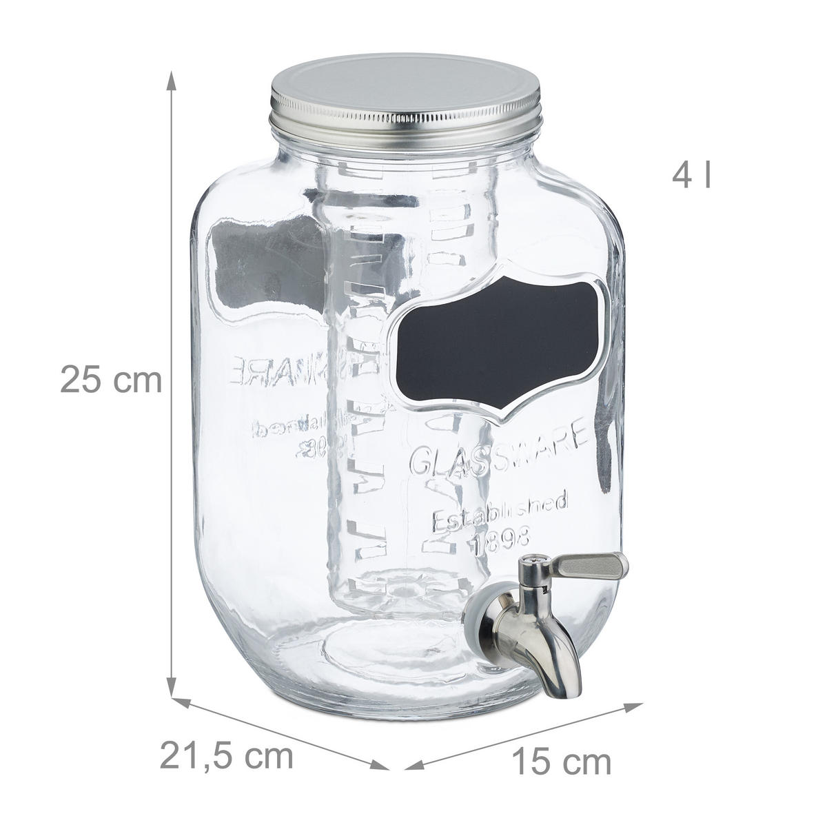 GETRÄNKESPENDER - Transparent, Glas/Metall (4L) - Relaxdays