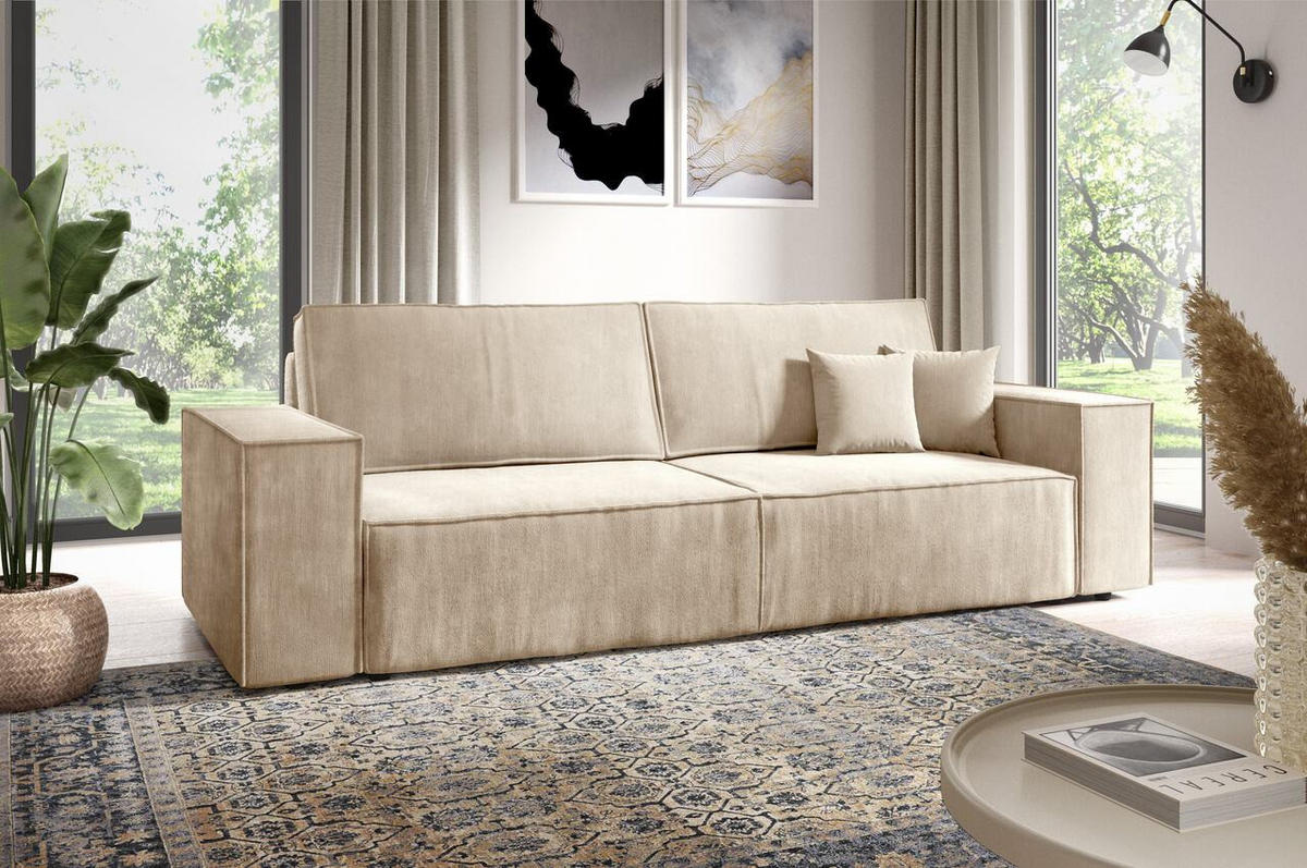 SCHLAFSOFA mit Bettkasten Sand - Creme, Textil (255/88/102cm) - Furnisell