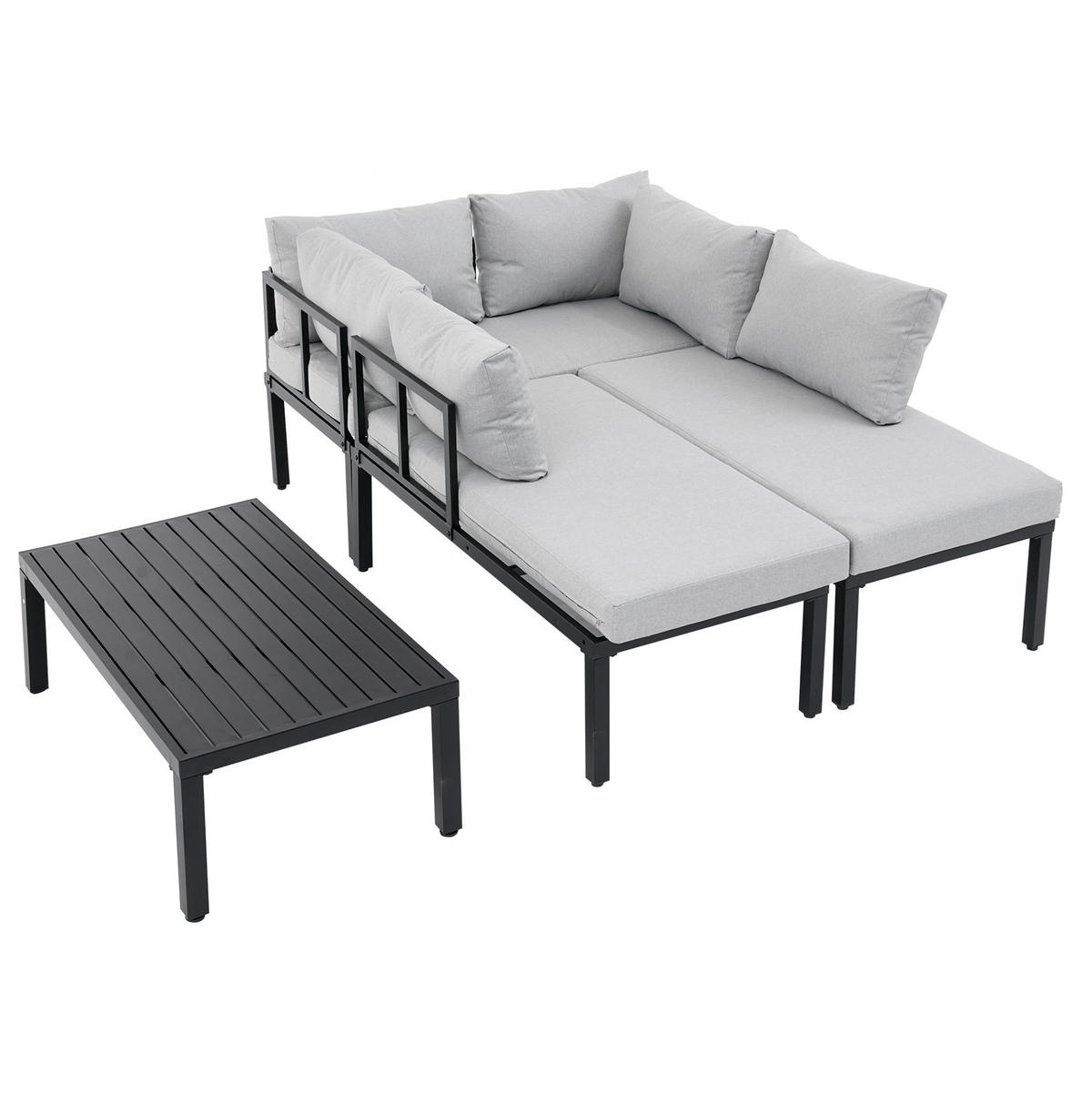 GARTENGARNITUR aus Polyester 6-Sitzer Grau mit modularem Sofa, abnehmbaren Rückenlehnen und Couchtisch - Grau, Metall - Modfu