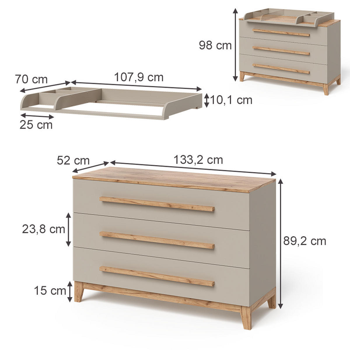 WICKELKOMMODE Malia Cashmere/Eiche 133.2 x 98 cm mit 3 Schubladen - Kaschmir/Hellgrau, Holzwerkstoff (133.2/98/70cm) - VitaliSpa