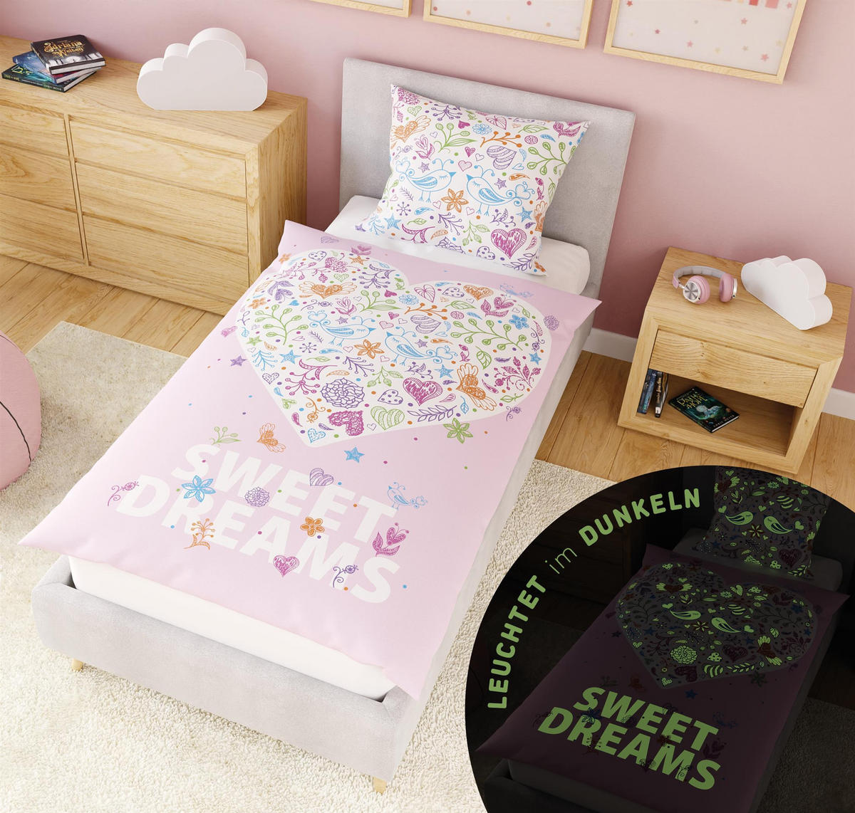 KINDERBETTWÄSCHE 135x200 cm Herz Rosa Mädchen aus 100% Baumwolle - Leuchtet um Dunkeln - Rosa, Textil (135/200cm) - Carpe Sonno