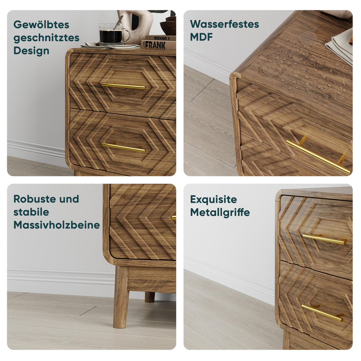NACHTTISCH Nussbaum 3D-Design mit 2 Schubladen & Gold-Details - Walnussfarben, Holzwerkstoff (48/56/38cm) - Urban Meuble