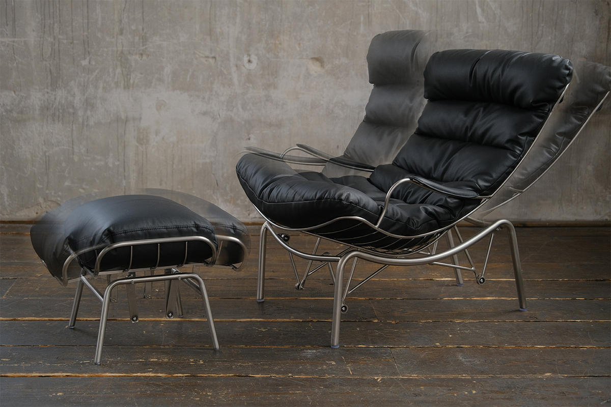 SESSEL MIT HOCKER ROWA Schwarz Leder - Silberfarben/Schwarz, Leder/Metall (77/88/103cm) - KAWOLA
